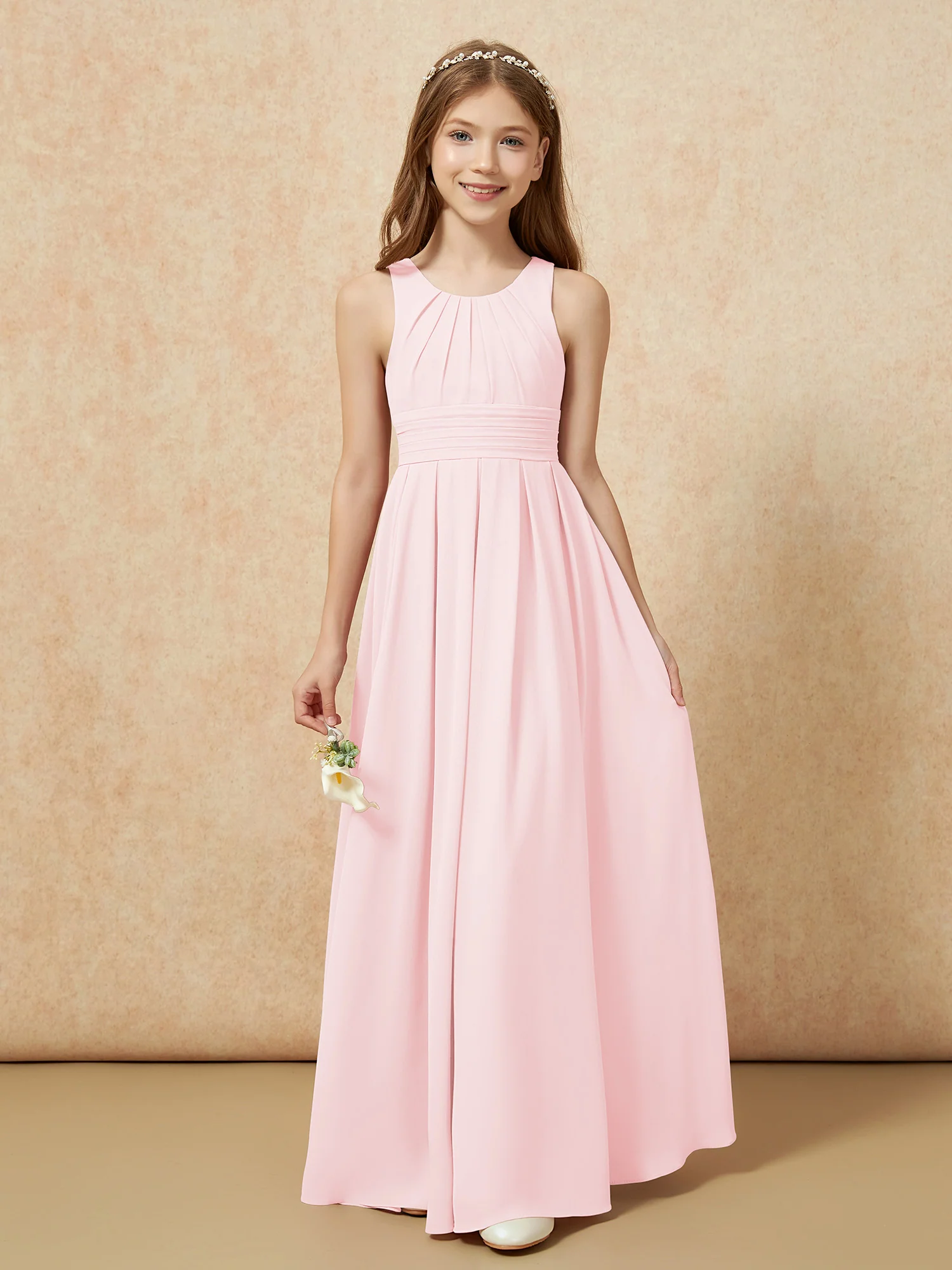 Scoop Neck Pleated Long Junior Bridesmaid Dresses Blushing Pink - Image 5