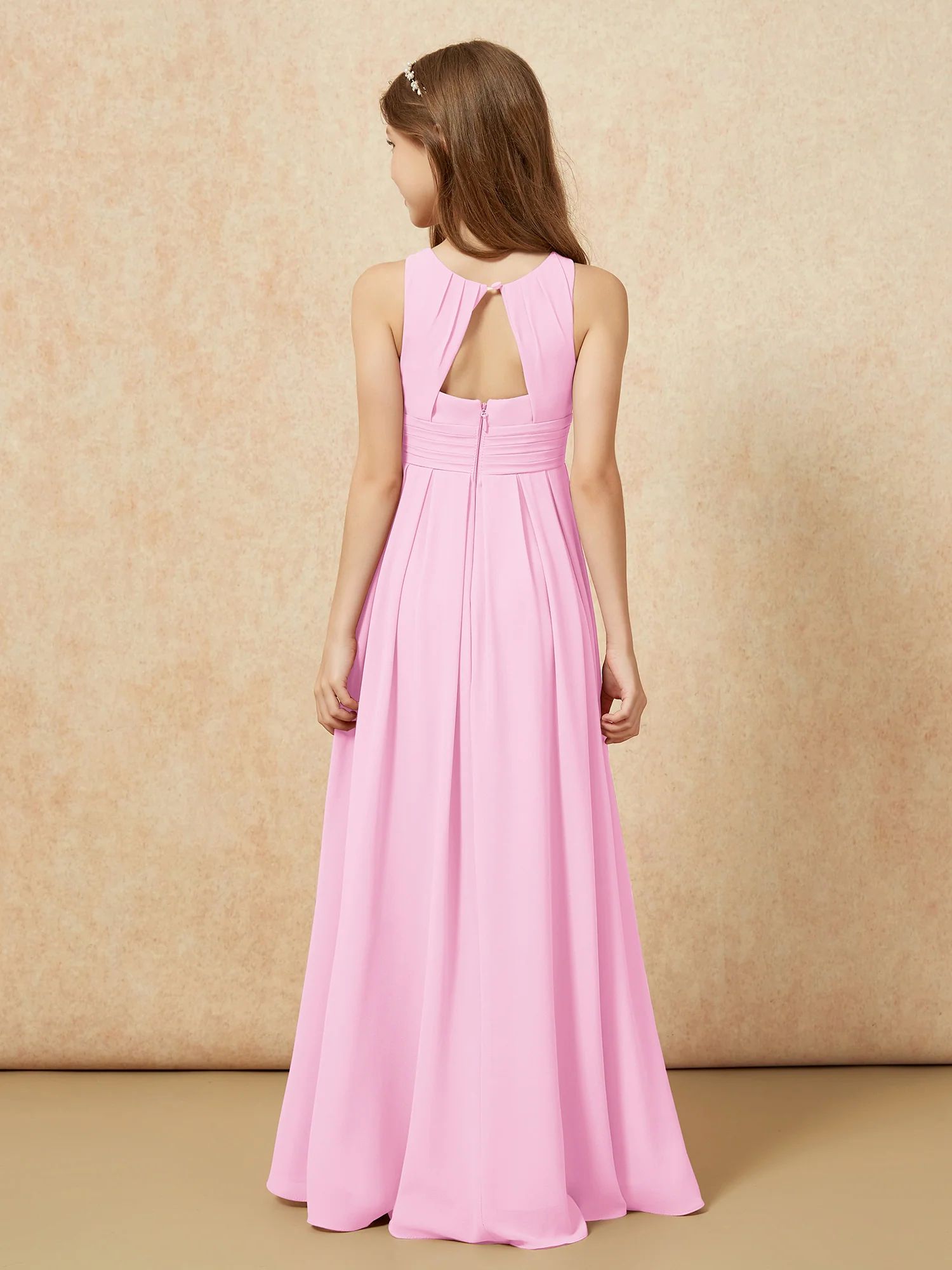 Scoop Neck Pleated Long Junior Bridesmaid Dresses Candy Pink - Image 2