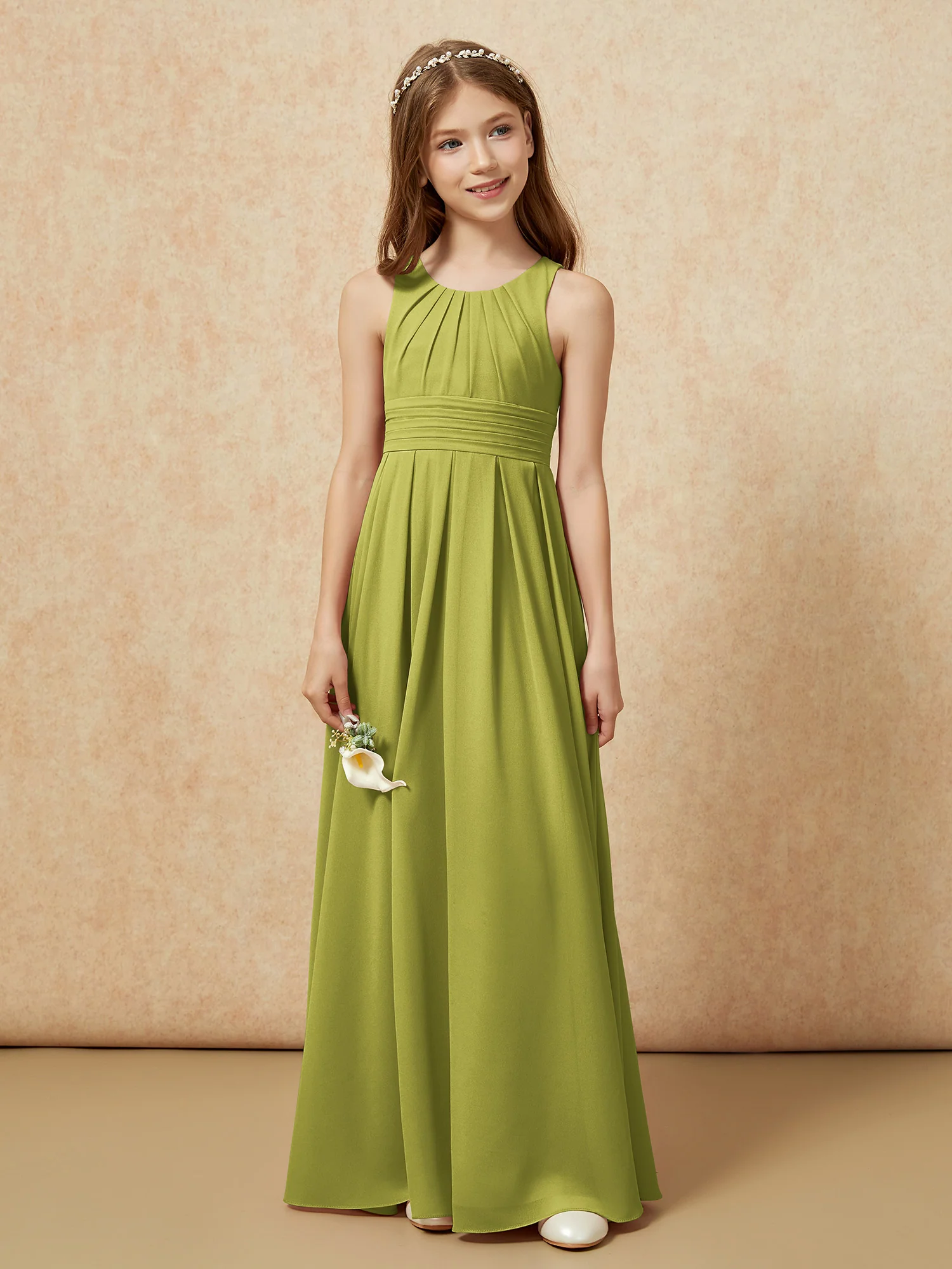 Scoop Neck Pleated Long Junior Bridesmaid Dresses Clover - Image 4