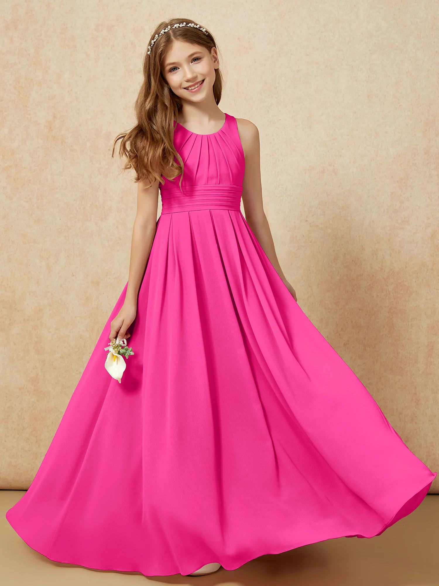 Scoop Neck Pleated Long Junior Bridesmaid Dresses Fuchsia