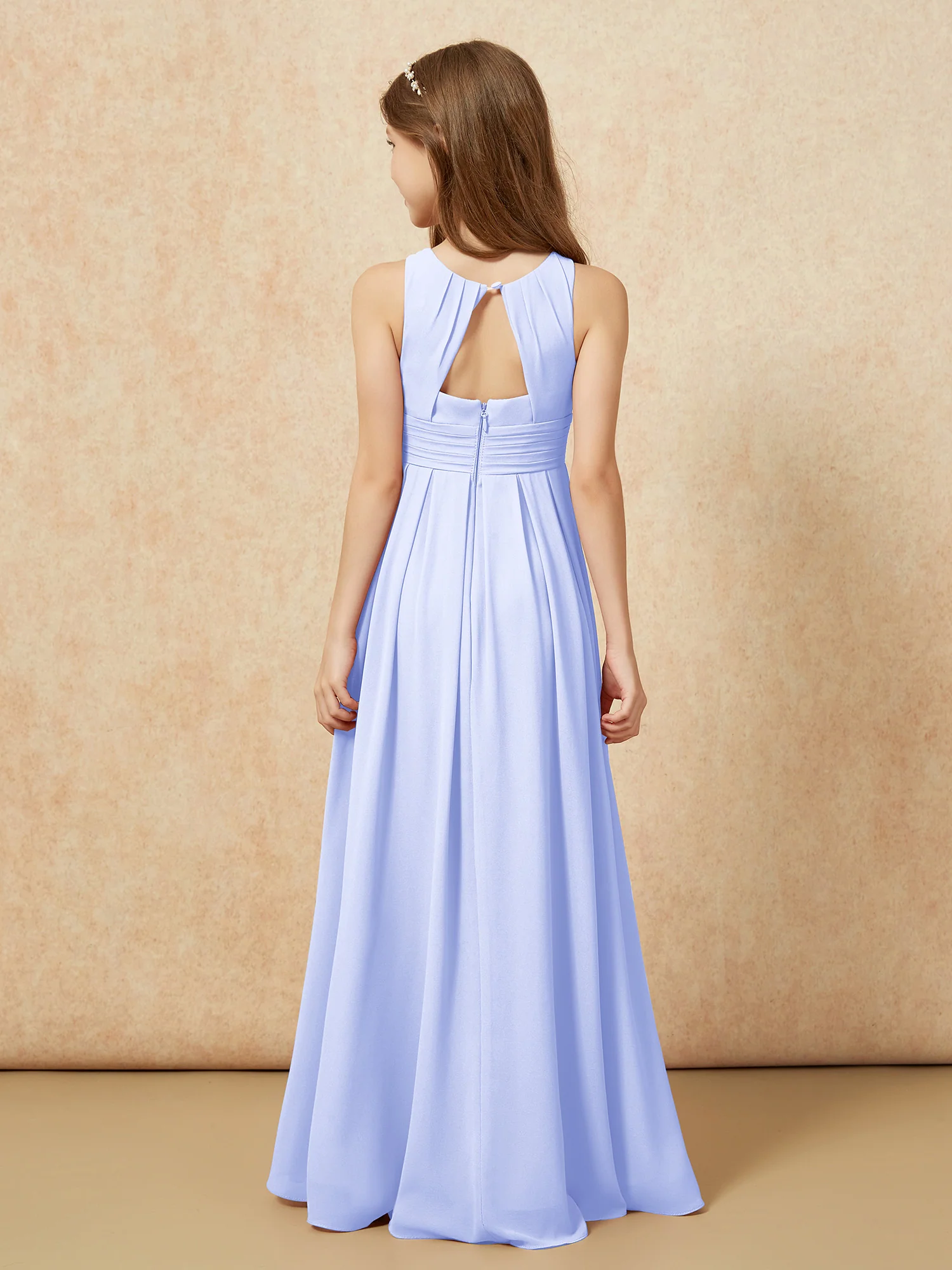 Scoop Neck Pleated Long Junior Bridesmaid Dresses Lavender - Image 2