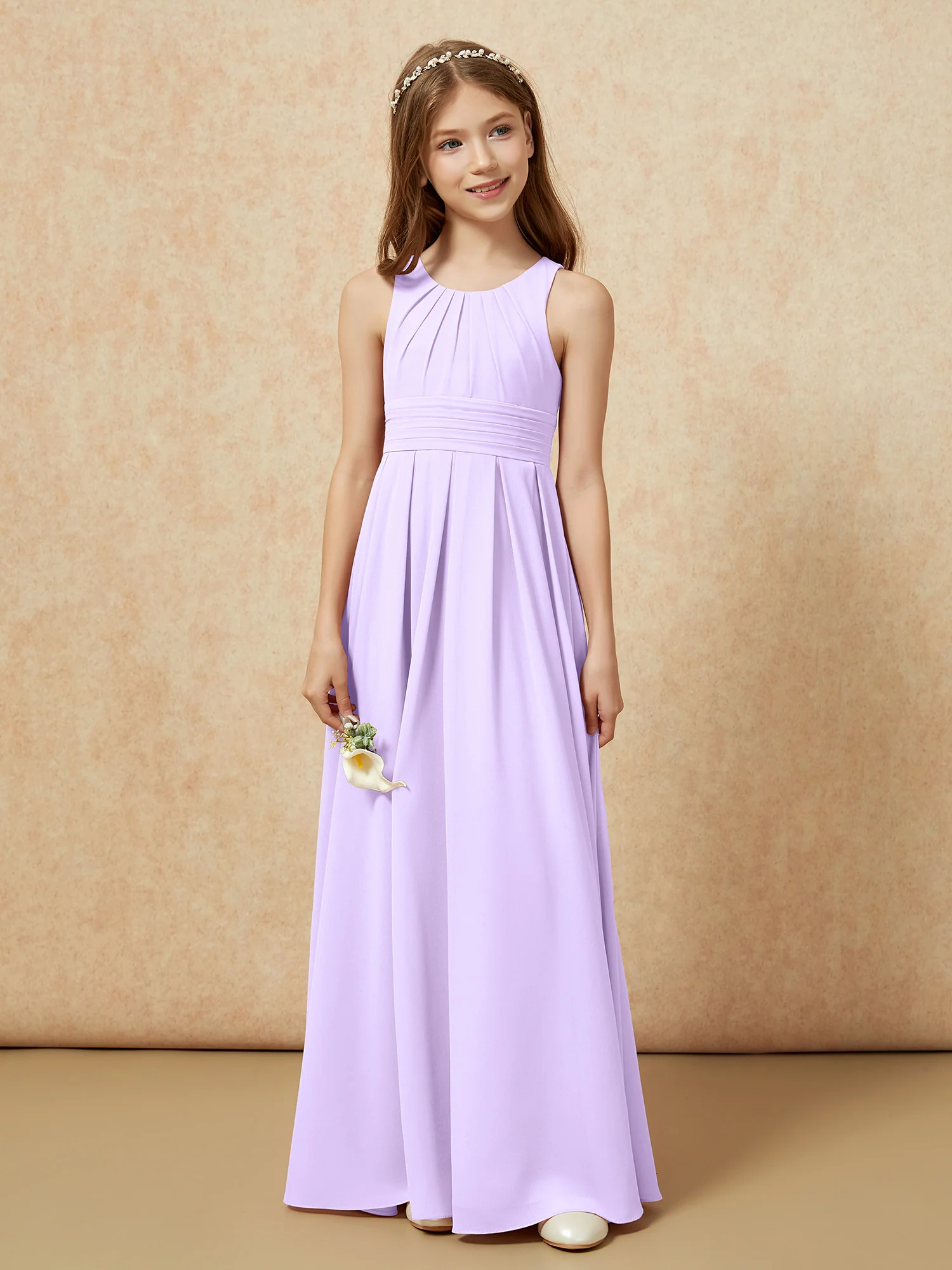 Scoop Neck Pleated Long Junior Bridesmaid Dresses Lilac - Image 4
