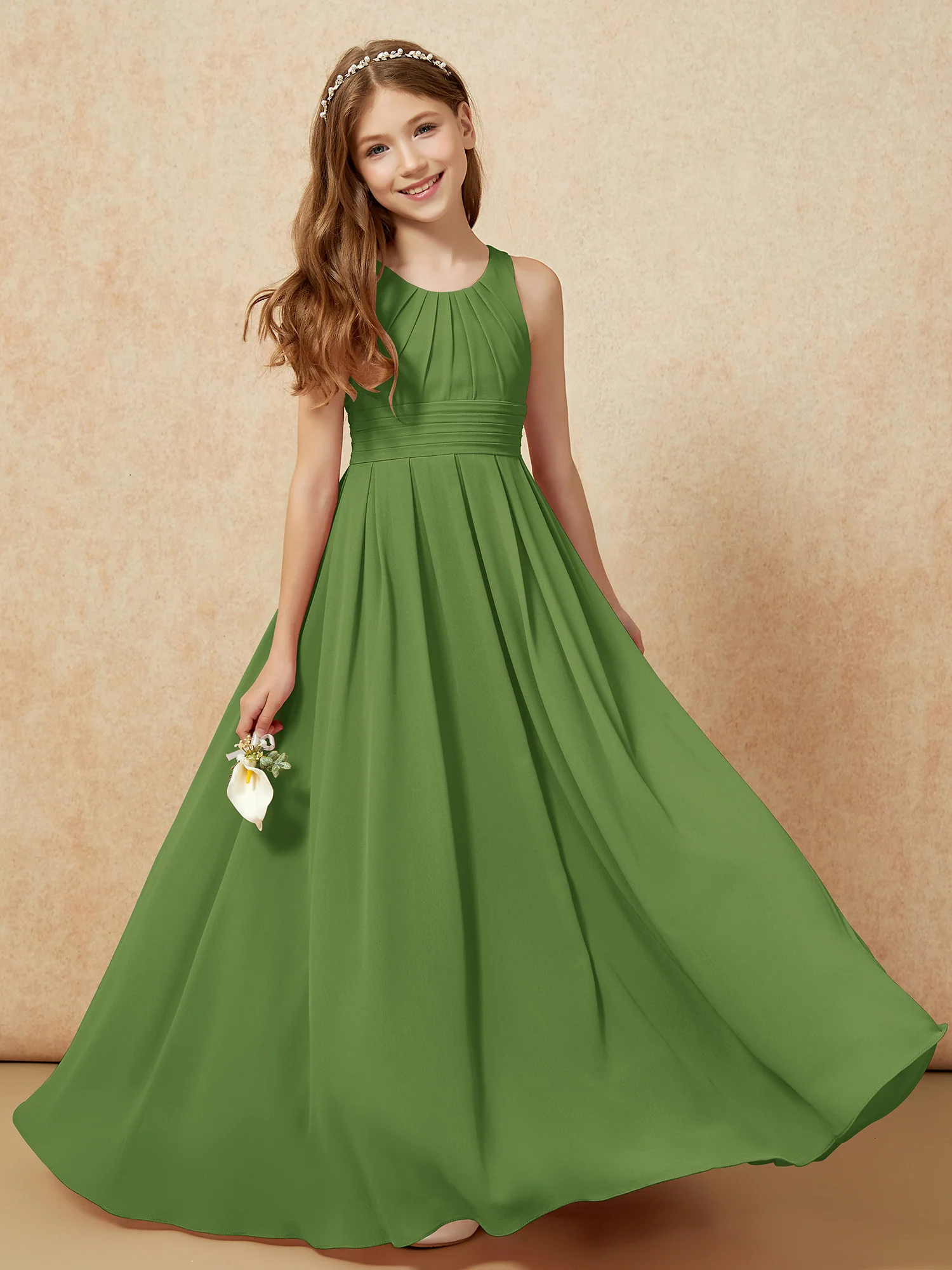 Scoop Neck Pleated Long Junior Bridesmaid Dresses Moss