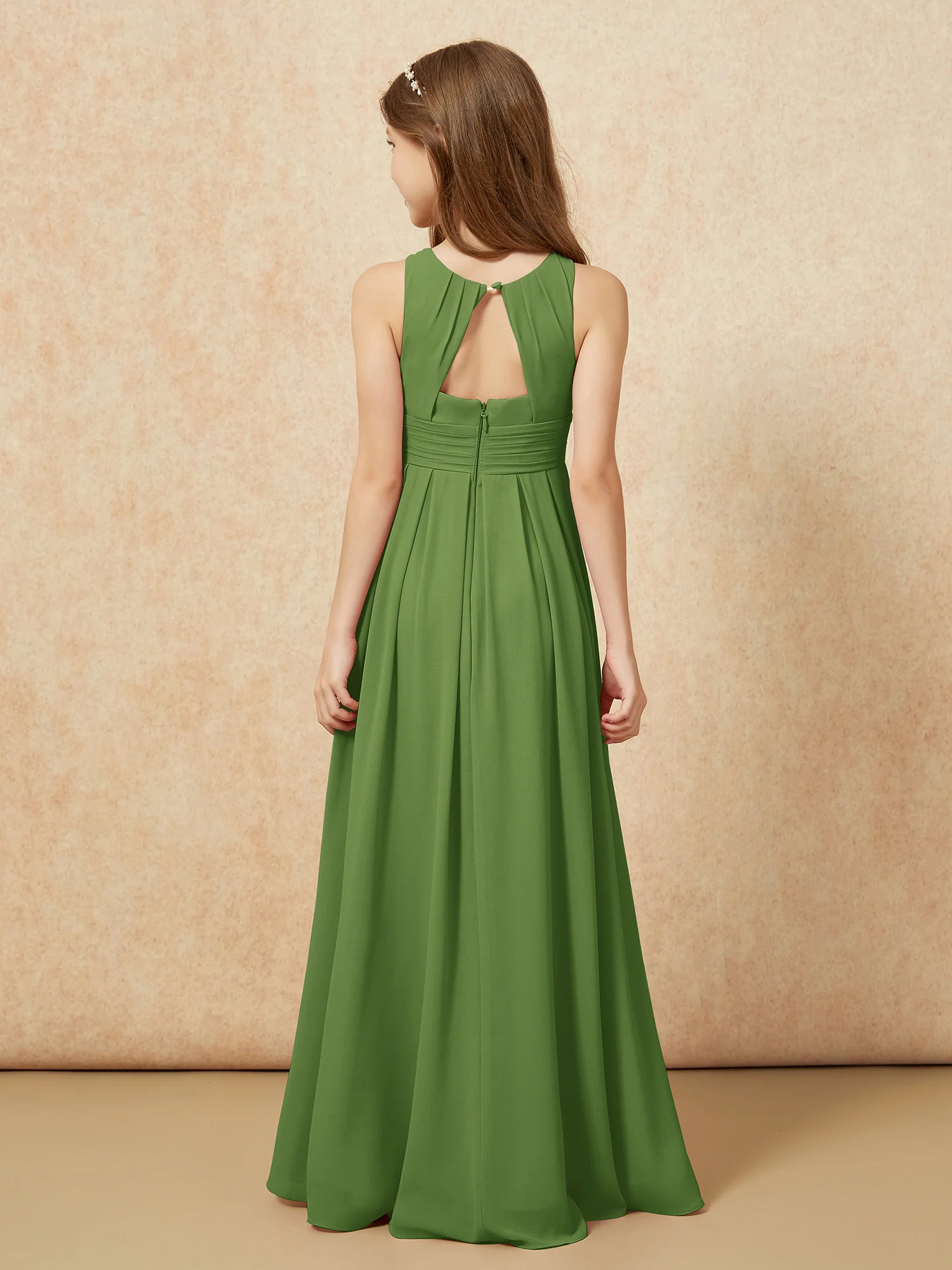 Scoop Neck Pleated Long Junior Bridesmaid Dresses Moss - Image 2