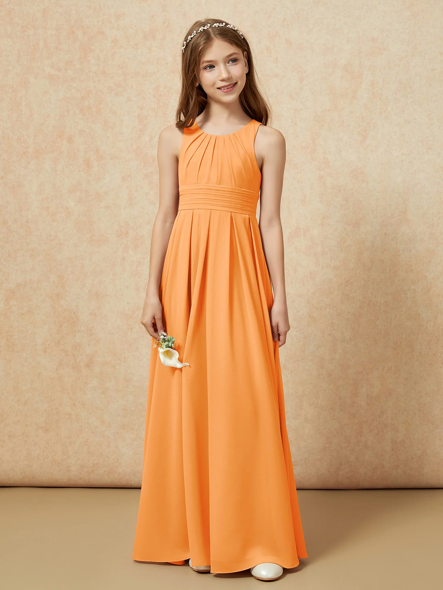 Scoop Neck Pleated Long Junior Bridesmaid Dresses Orange - Image 4