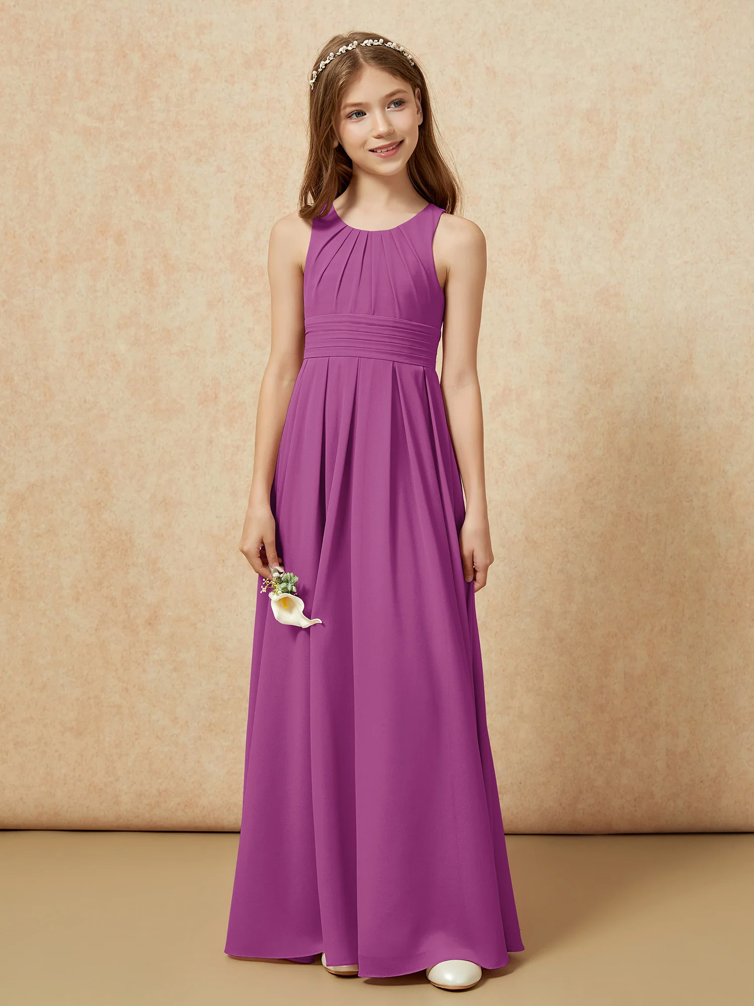 Scoop Neck Pleated Long Junior Bridesmaid Dresses Orchid - Image 4