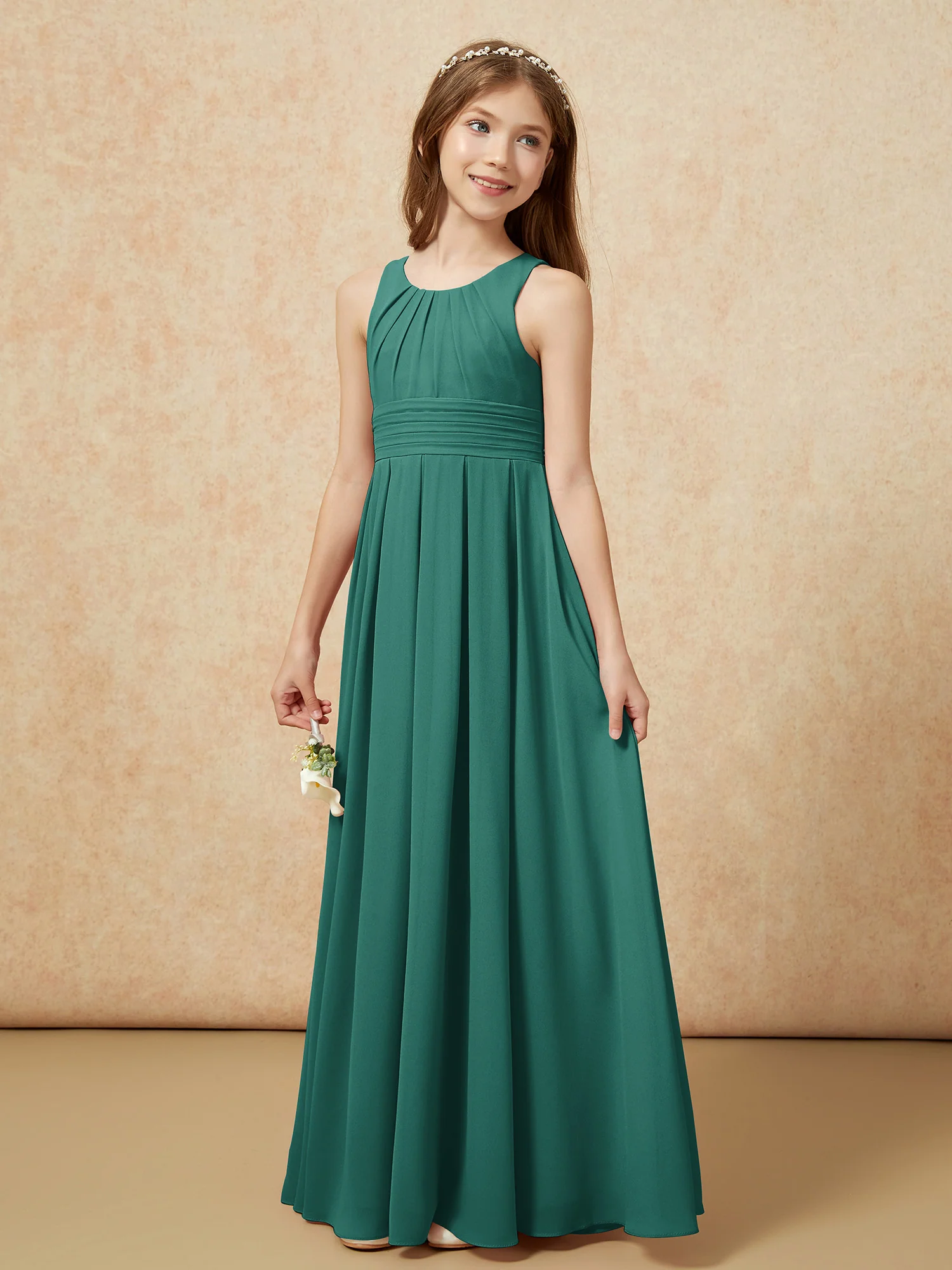 Scoop Neck Pleated Long Junior Bridesmaid Dresses Peacock - Image 3