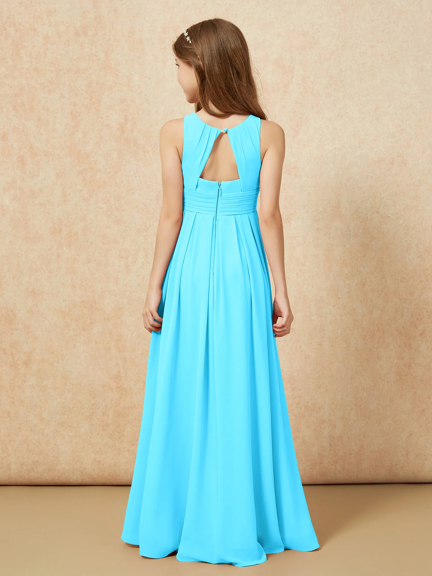 Scoop Neck Pleated Long Junior Bridesmaid Dresses Pool - Image 2