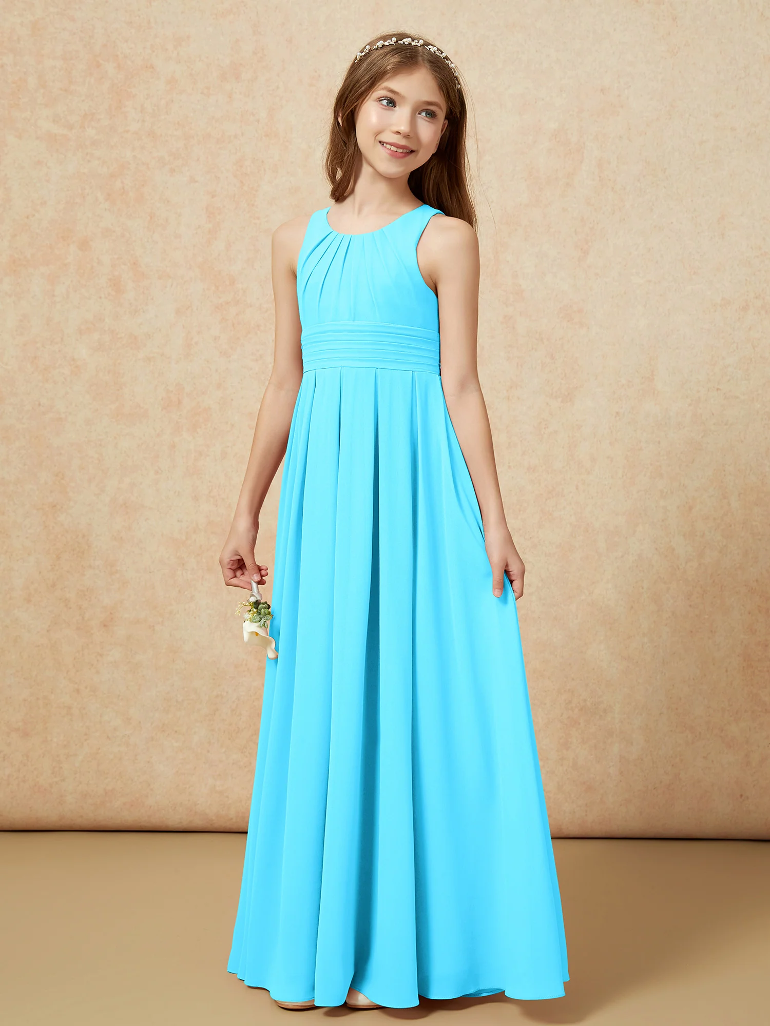 Scoop Neck Pleated Long Junior Bridesmaid Dresses Pool - Image 3