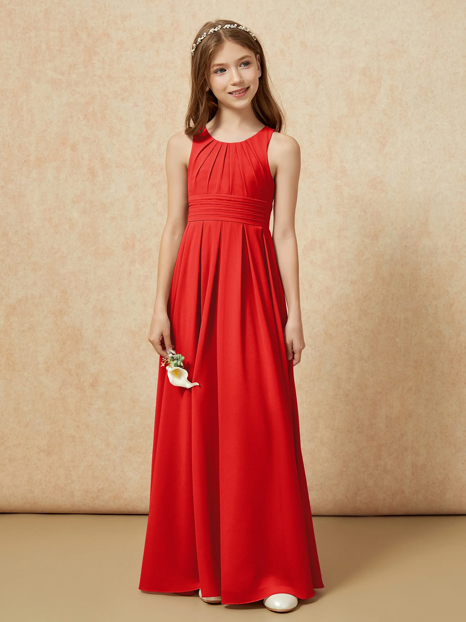 Scoop Neck Pleated Long Junior Bridesmaid Dresses Red - Image 4
