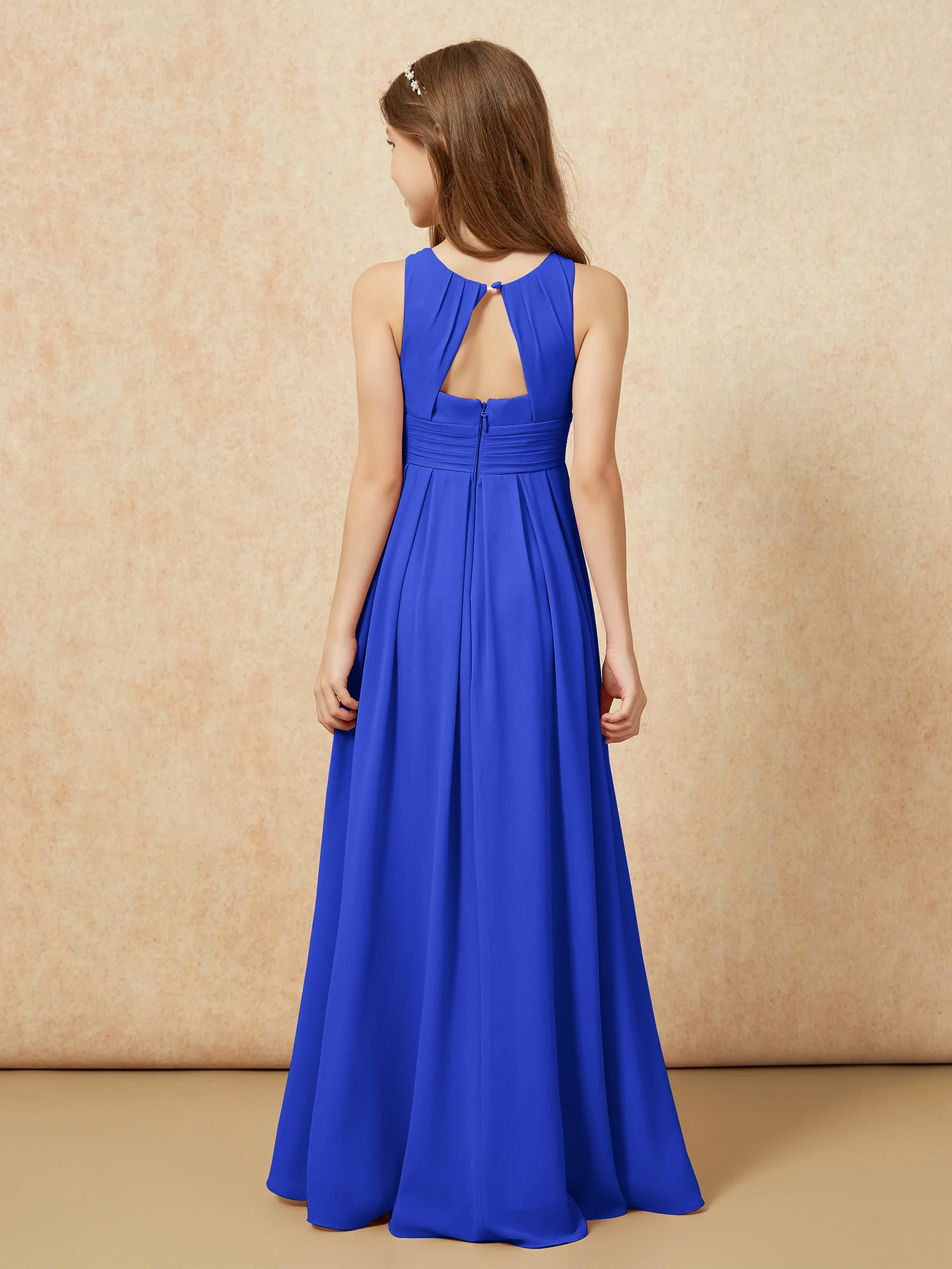 Scoop Neck Pleated Long Junior Bridesmaid Dresses Royal Blue - Image 2