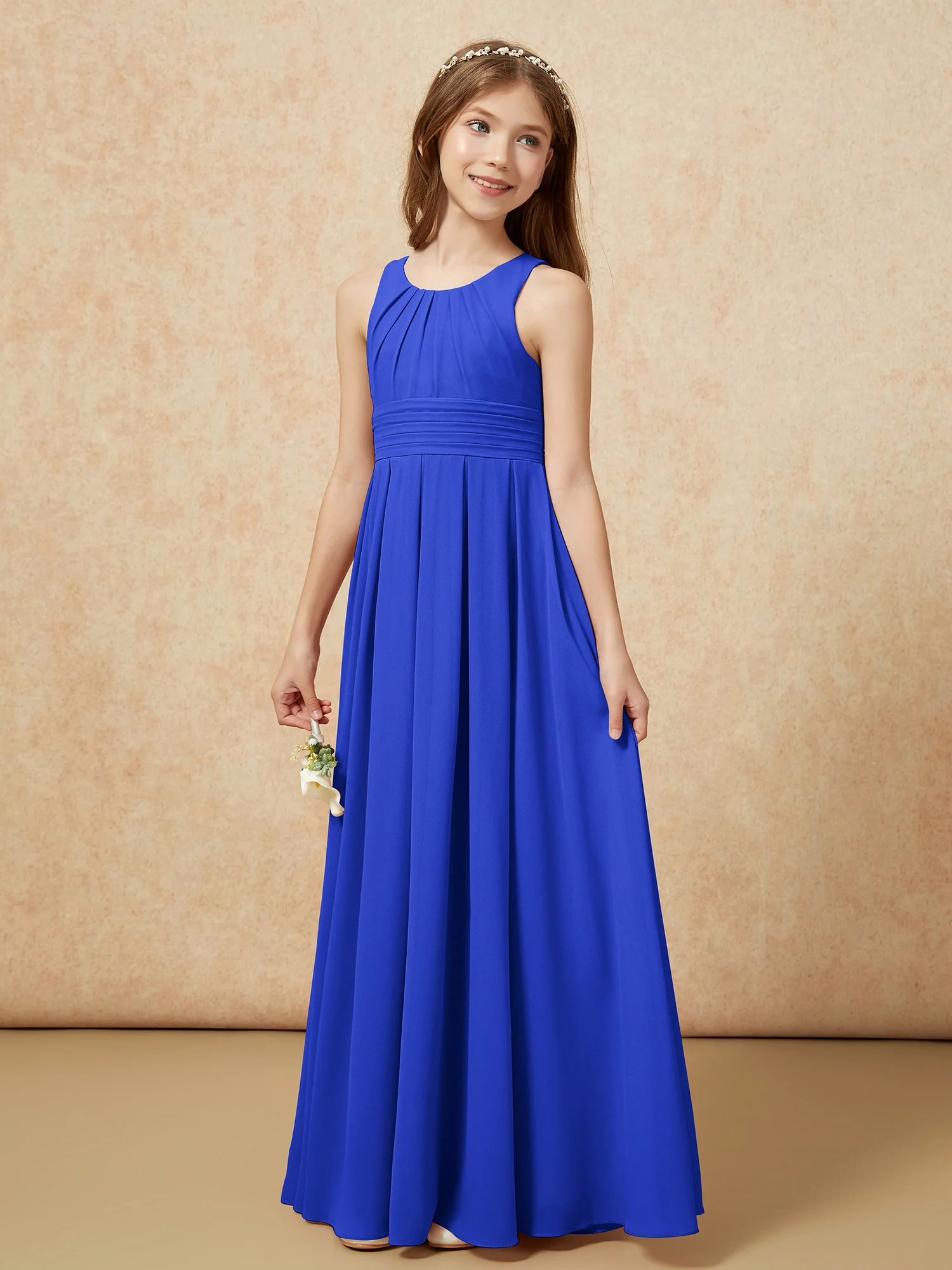 Scoop Neck Pleated Long Junior Bridesmaid Dresses Royal Blue - Image 3