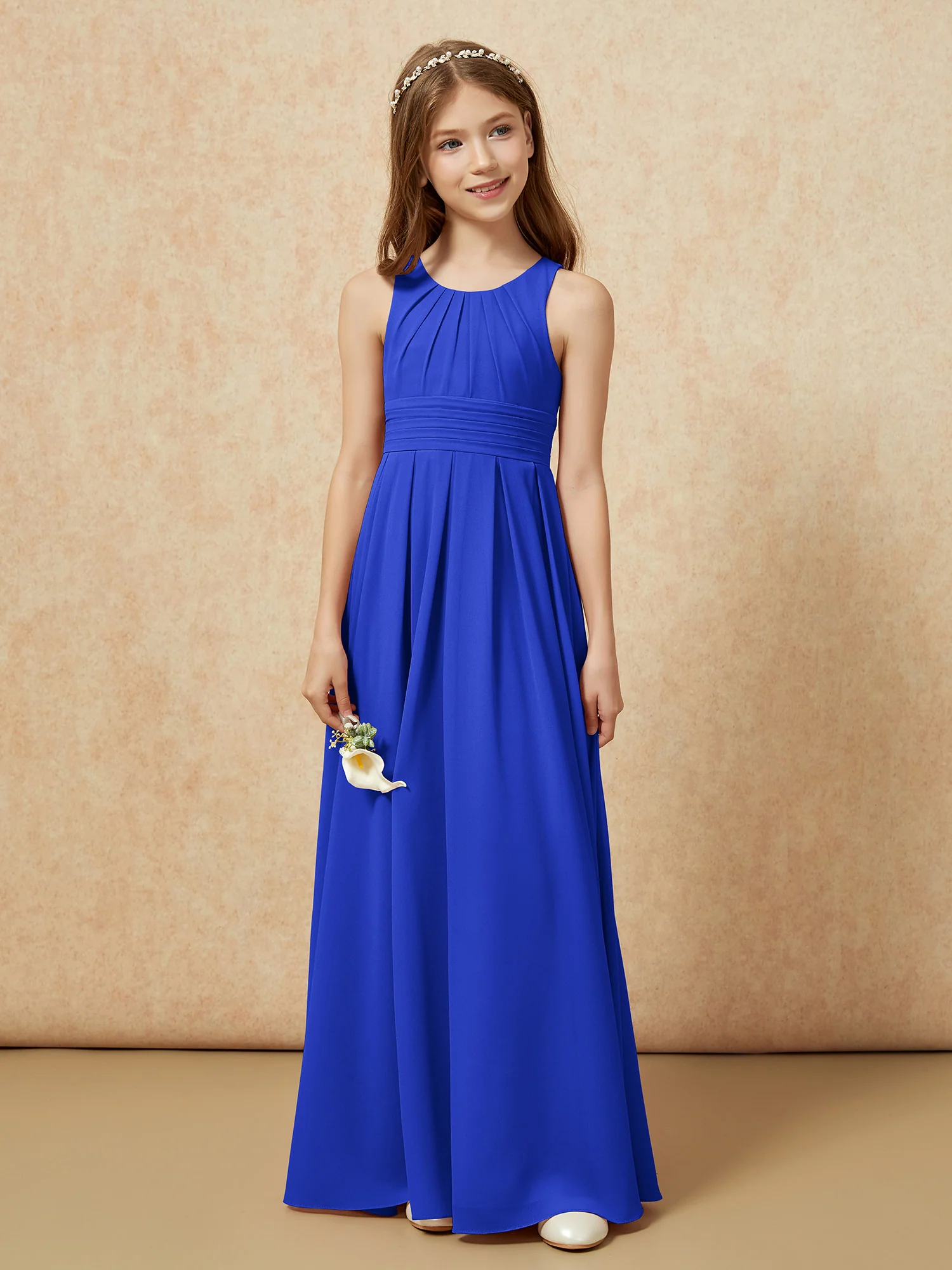 Scoop Neck Pleated Long Junior Bridesmaid Dresses Royal Blue - Image 4