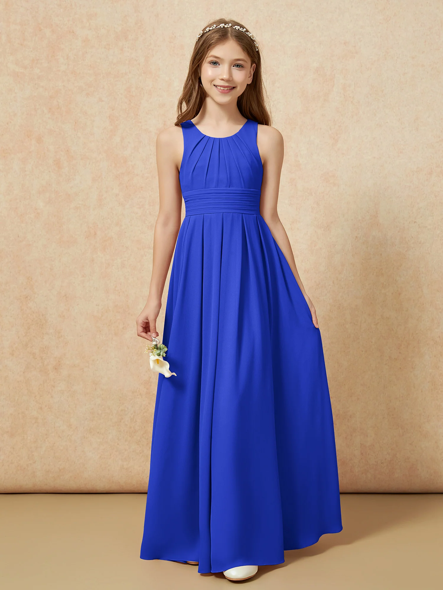 Scoop Neck Pleated Long Junior Bridesmaid Dresses Royal Blue - Image 5