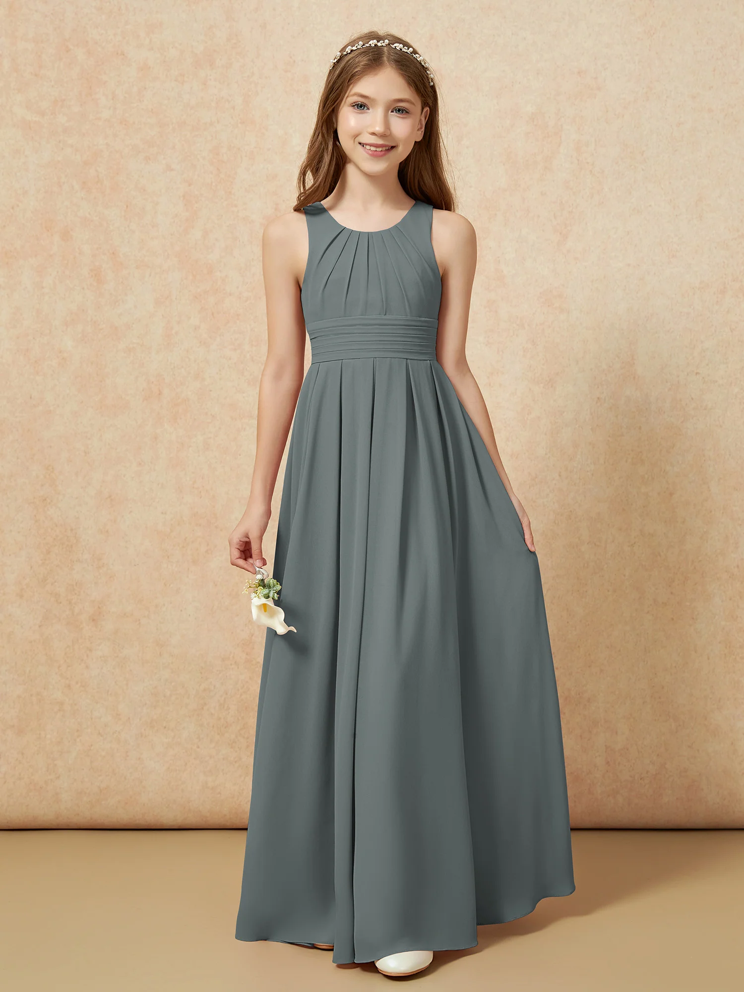 Scoop Neck Pleated Long Junior Bridesmaid Dresses Steel Grey - Image 5