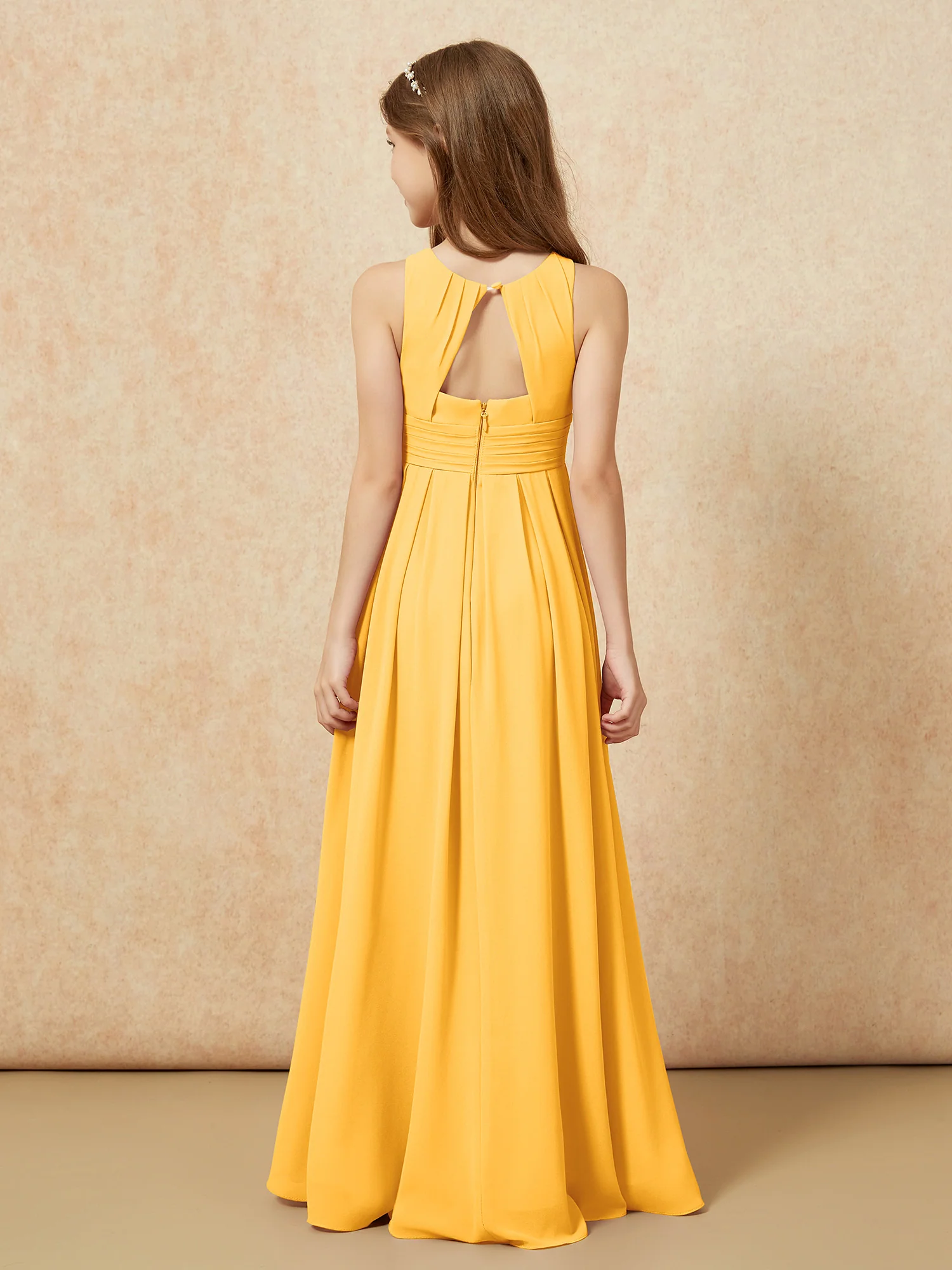Scoop Neck Pleated Long Junior Bridesmaid Dresses Tangerine - Image 2