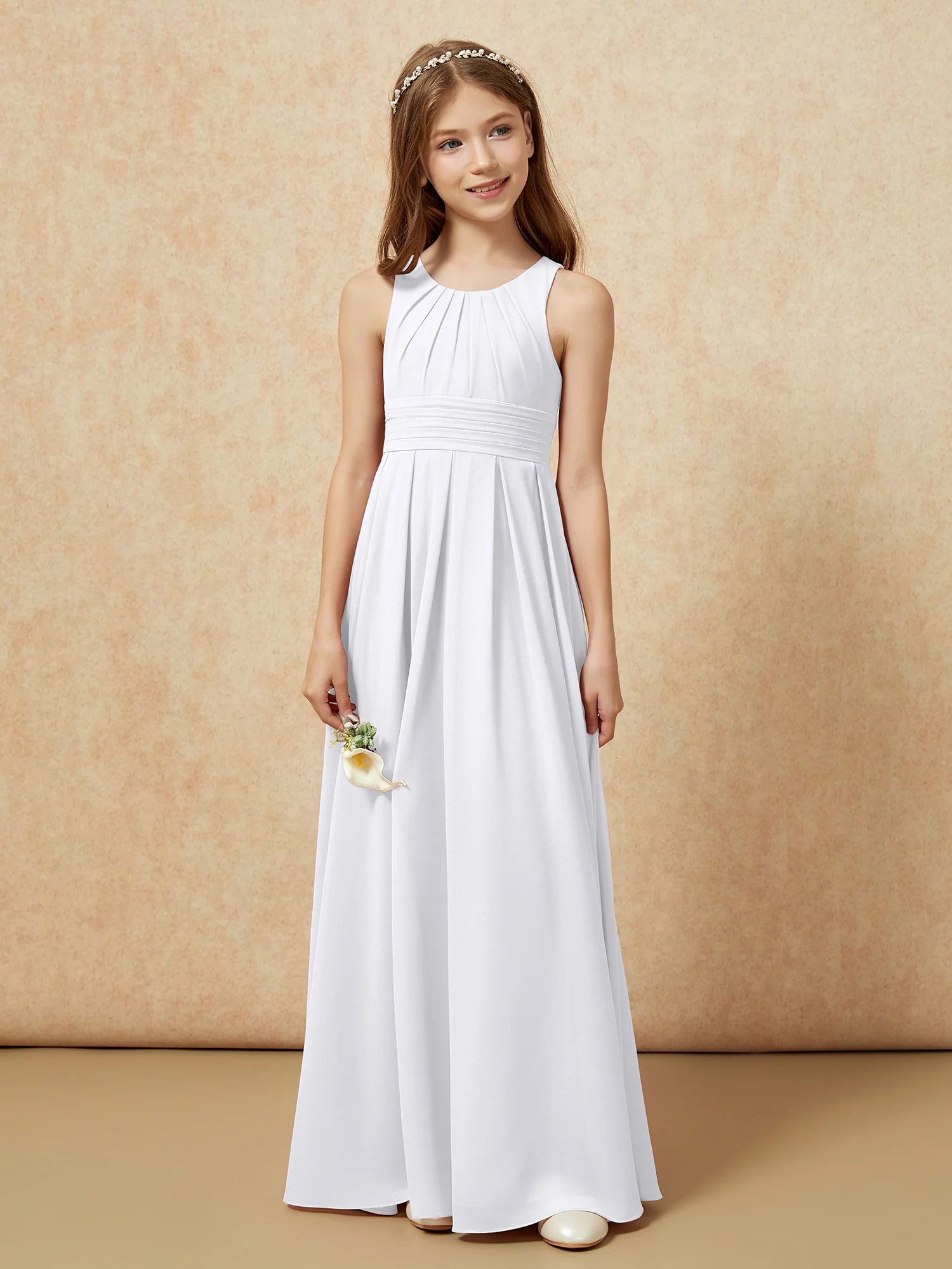 Scoop Neck Pleated Long Junior Bridesmaid Dresses White - Image 4