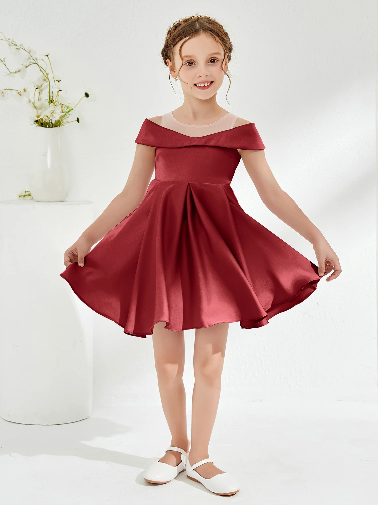 Scoop Off the Shoulder Knee-Length Girl's Dress Burgundy