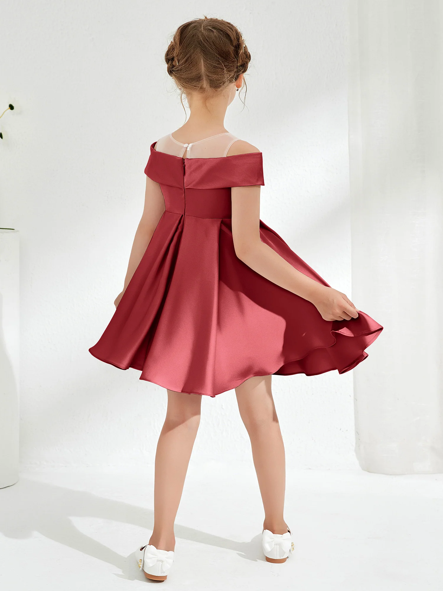 Scoop Off the Shoulder Knee-Length Girl's Dress Burgundy - Image 2