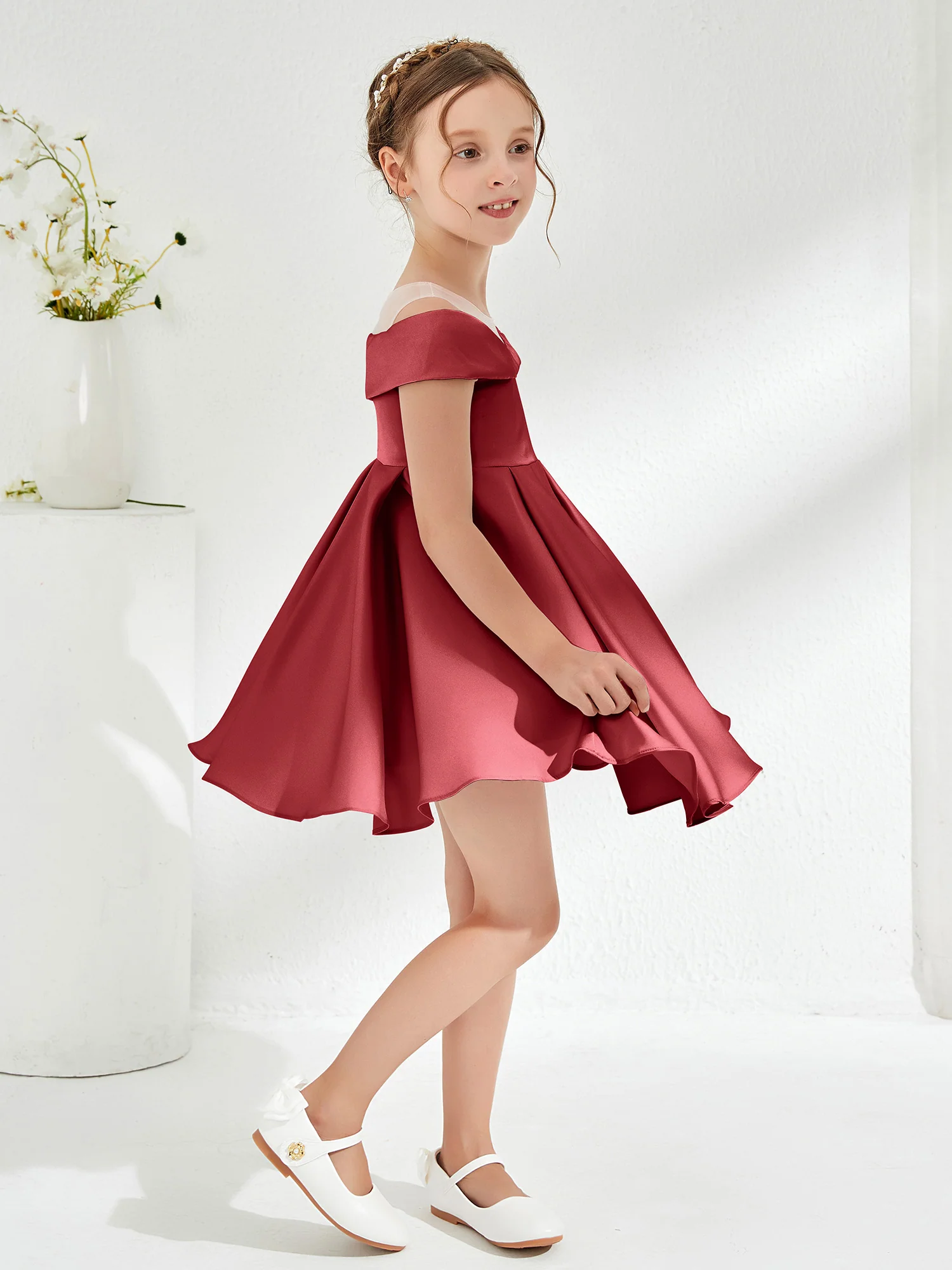 Scoop Off the Shoulder Knee-Length Girl's Dress Burgundy - Image 3