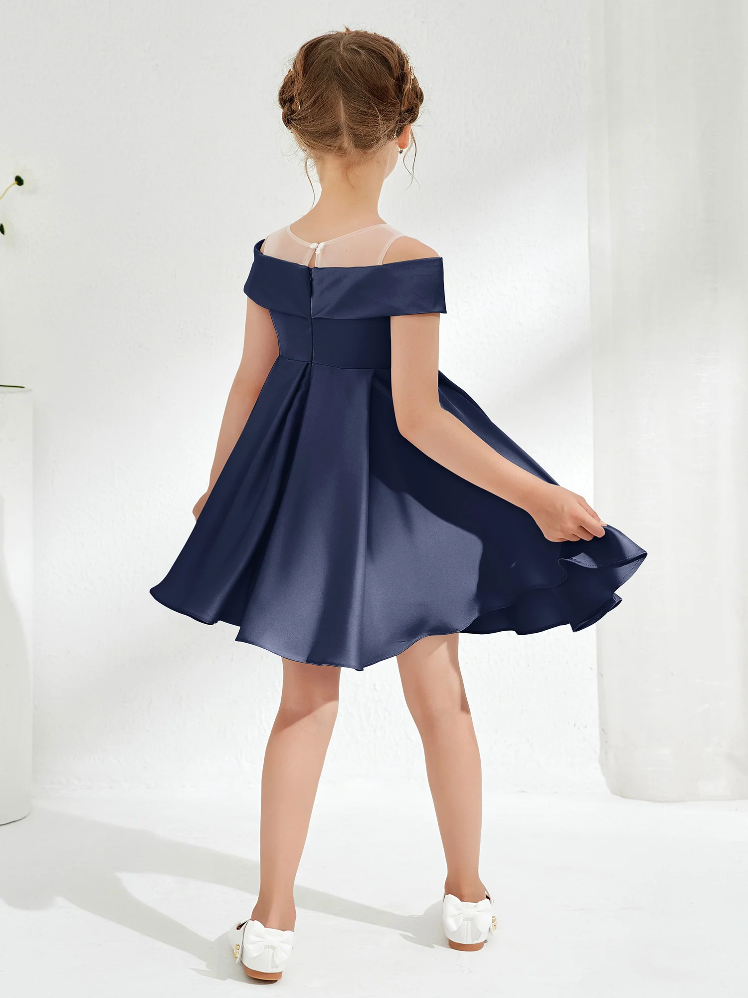 Scoop Off the Shoulder Knee-Length Girl's Dress Dark Navy - Image 2