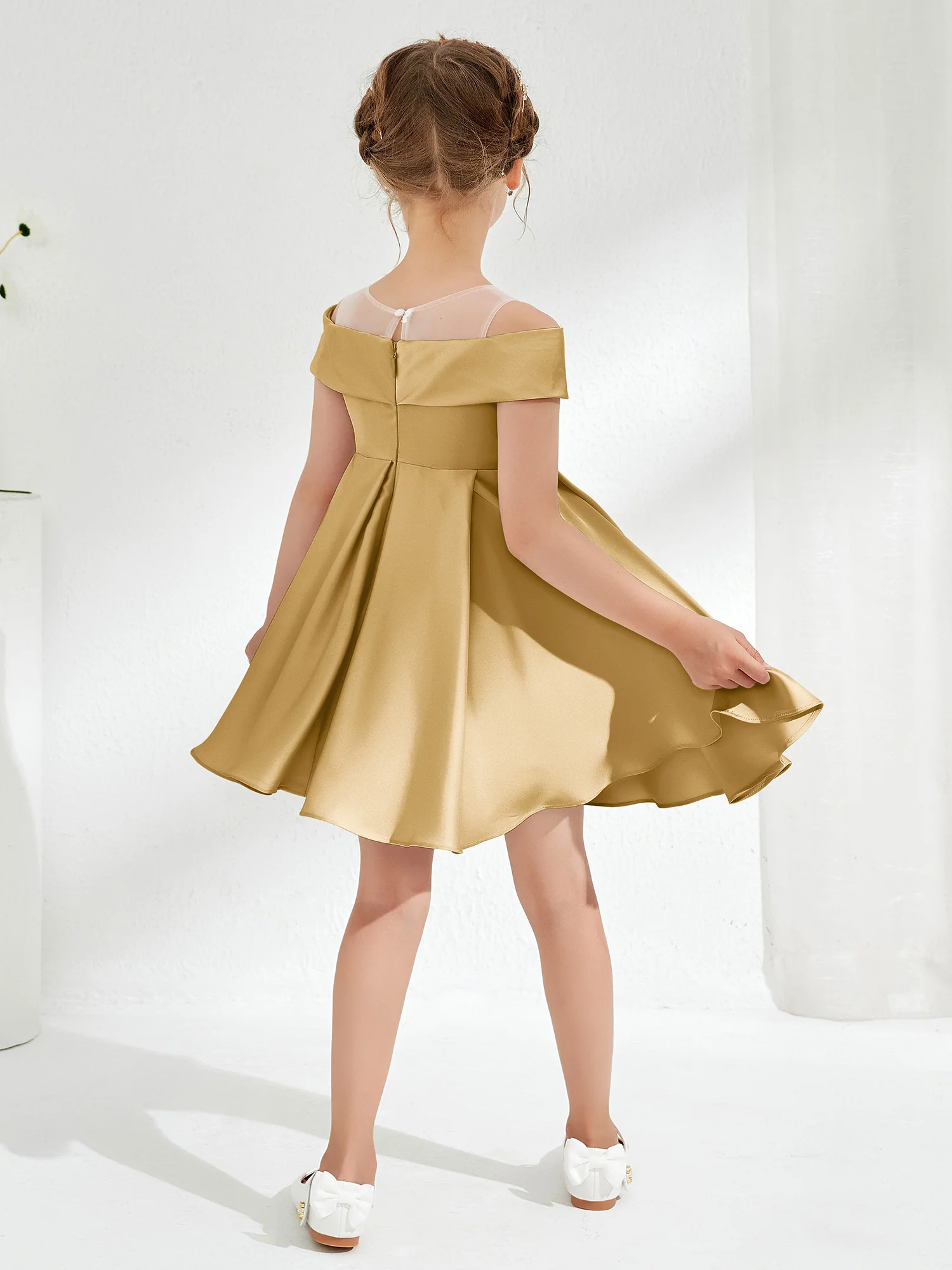 Scoop Off the Shoulder Knee-Length Girl's Dress Gold - Image 2