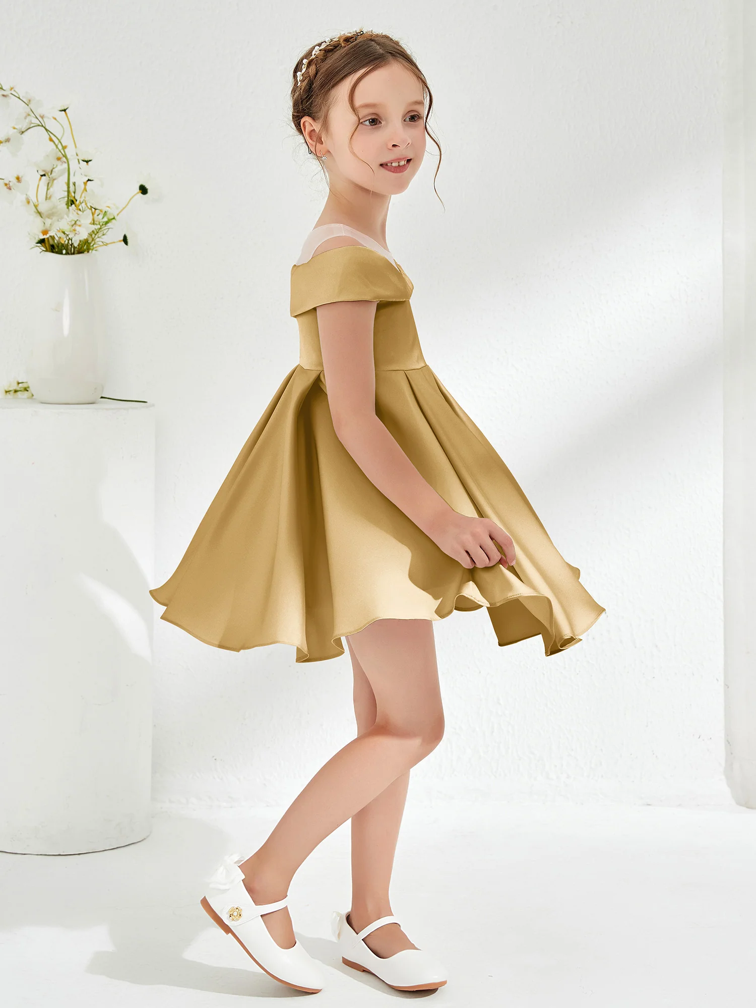 Scoop Off the Shoulder Knee-Length Girl's Dress Gold - Image 3