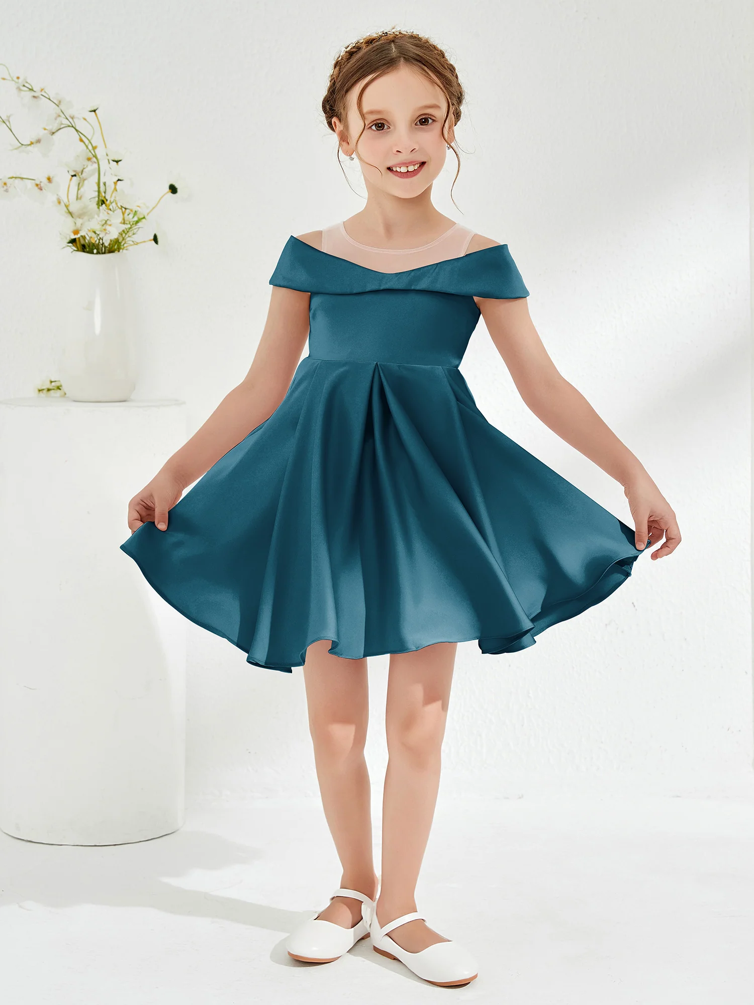Scoop Off the Shoulder Knee-Length Girl's Dress Ink Blue