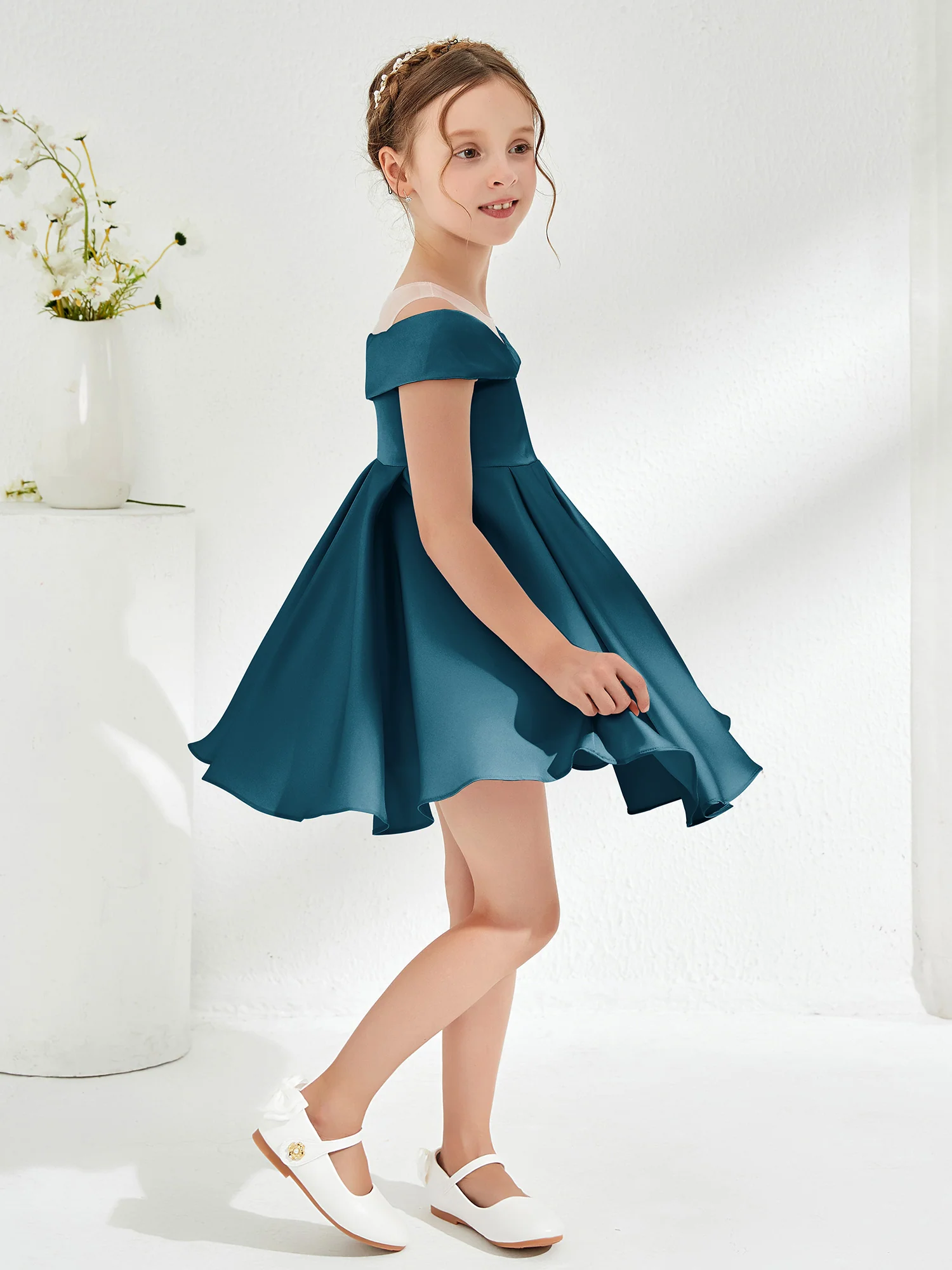 Scoop Off the Shoulder Knee-Length Girl's Dress Ink Blue - Image 3