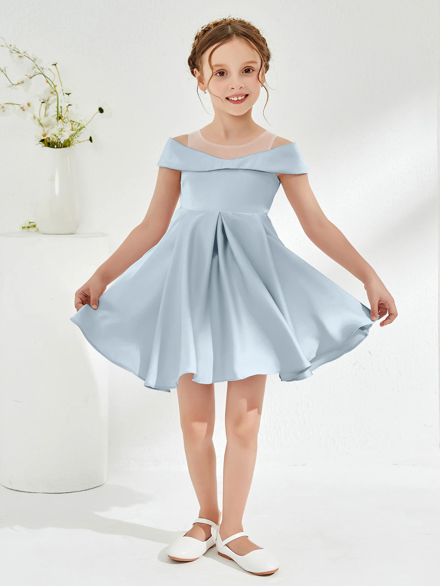 Scoop Off the Shoulder Knee-Length Girl's Dress Mist