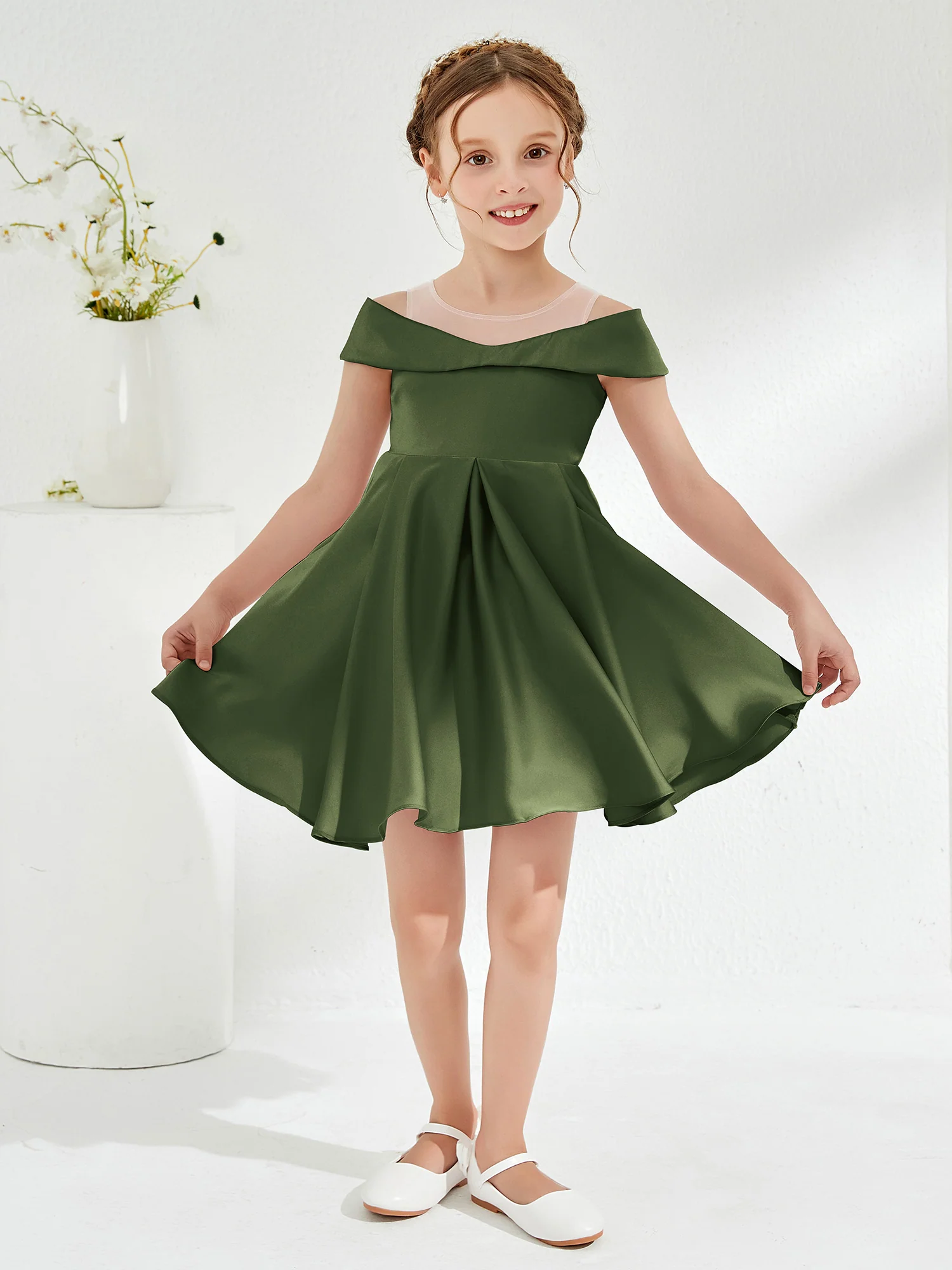 Scoop Off the Shoulder Knee-Length Girl's Dress Olive Green