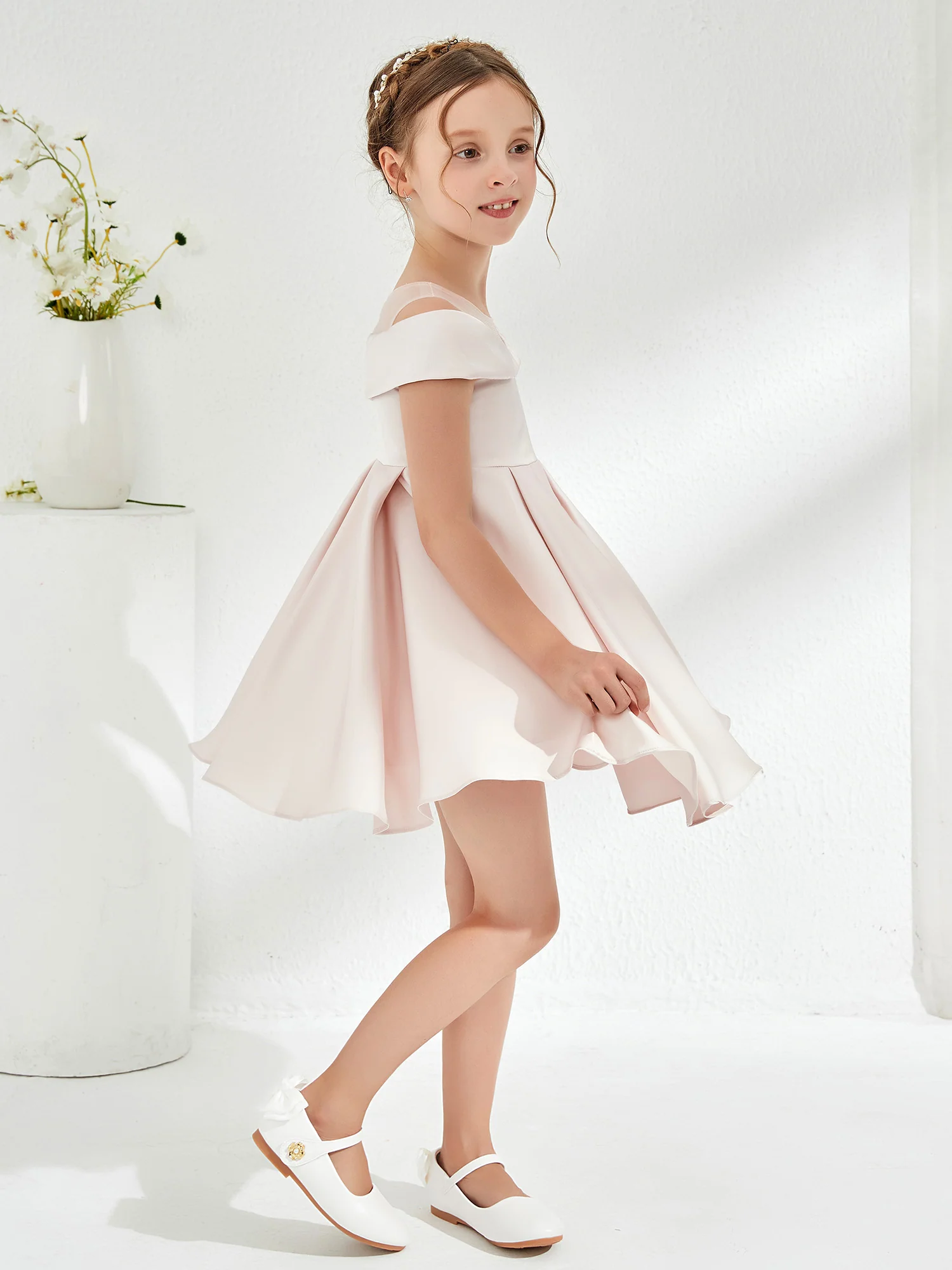 Scoop Off the Shoulder Knee-Length Girl's Dress Rose Petal - Image 3