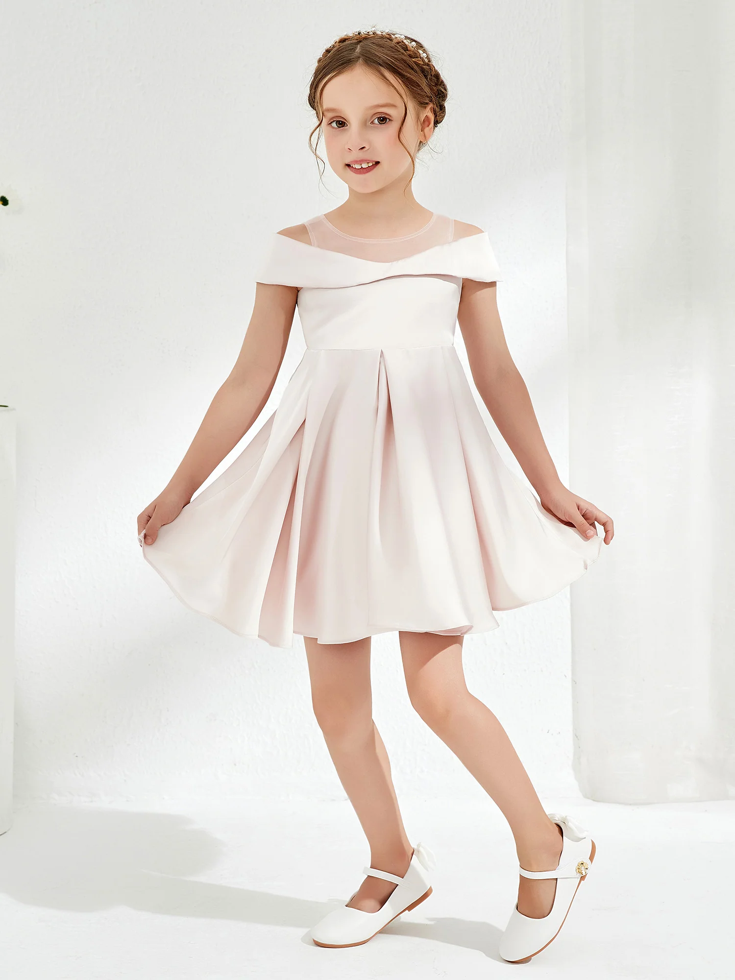 Scoop Off the Shoulder Knee-Length Girl's Dress Rose Petal - Image 4