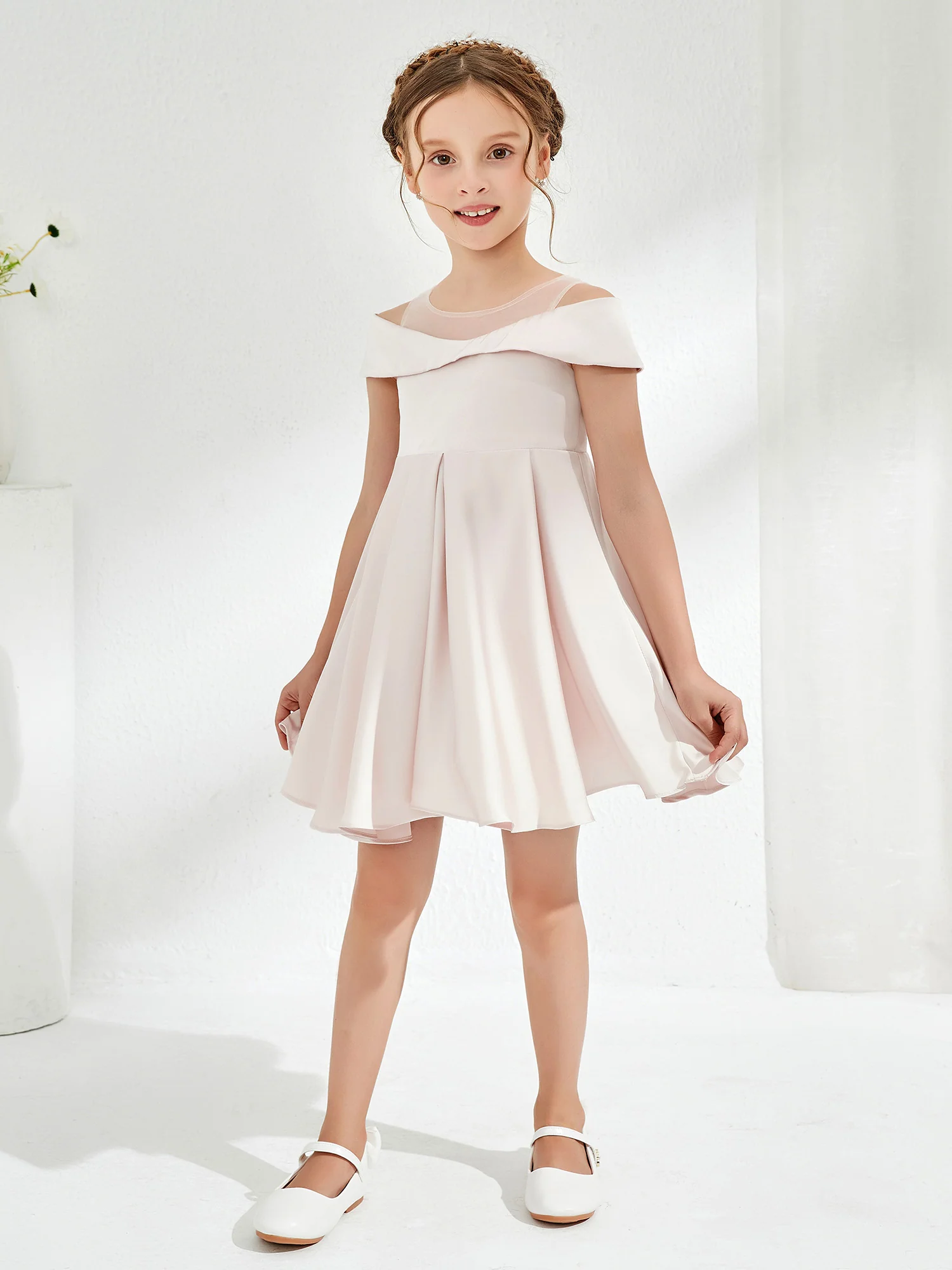 Scoop Off the Shoulder Knee-Length Girl's Dress Rose Petal - Image 6