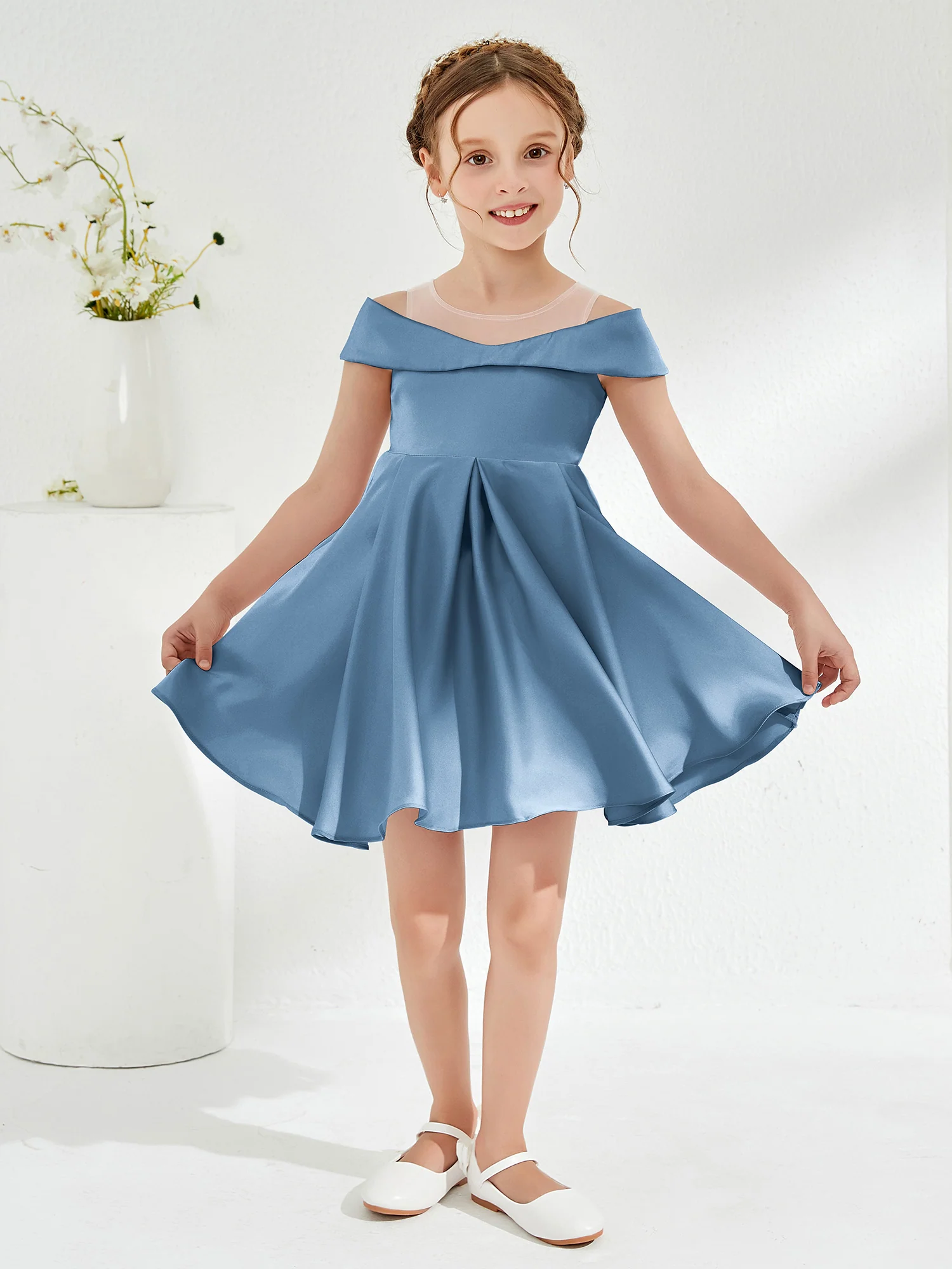 Scoop Off the Shoulder Knee-Length Girl's Dress Slate Blue