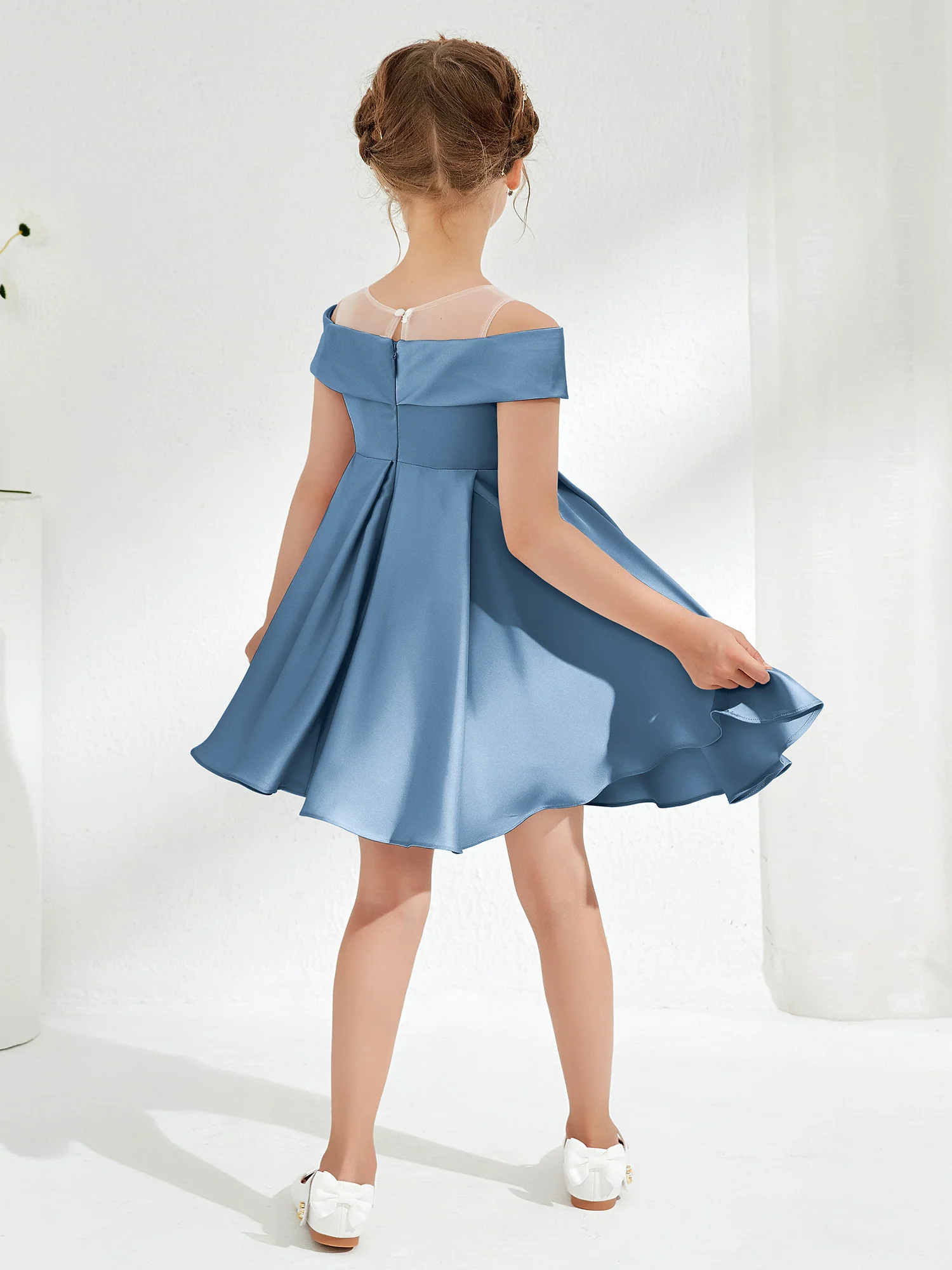 Scoop Off the Shoulder Knee-Length Girl's Dress Slate Blue - Image 2