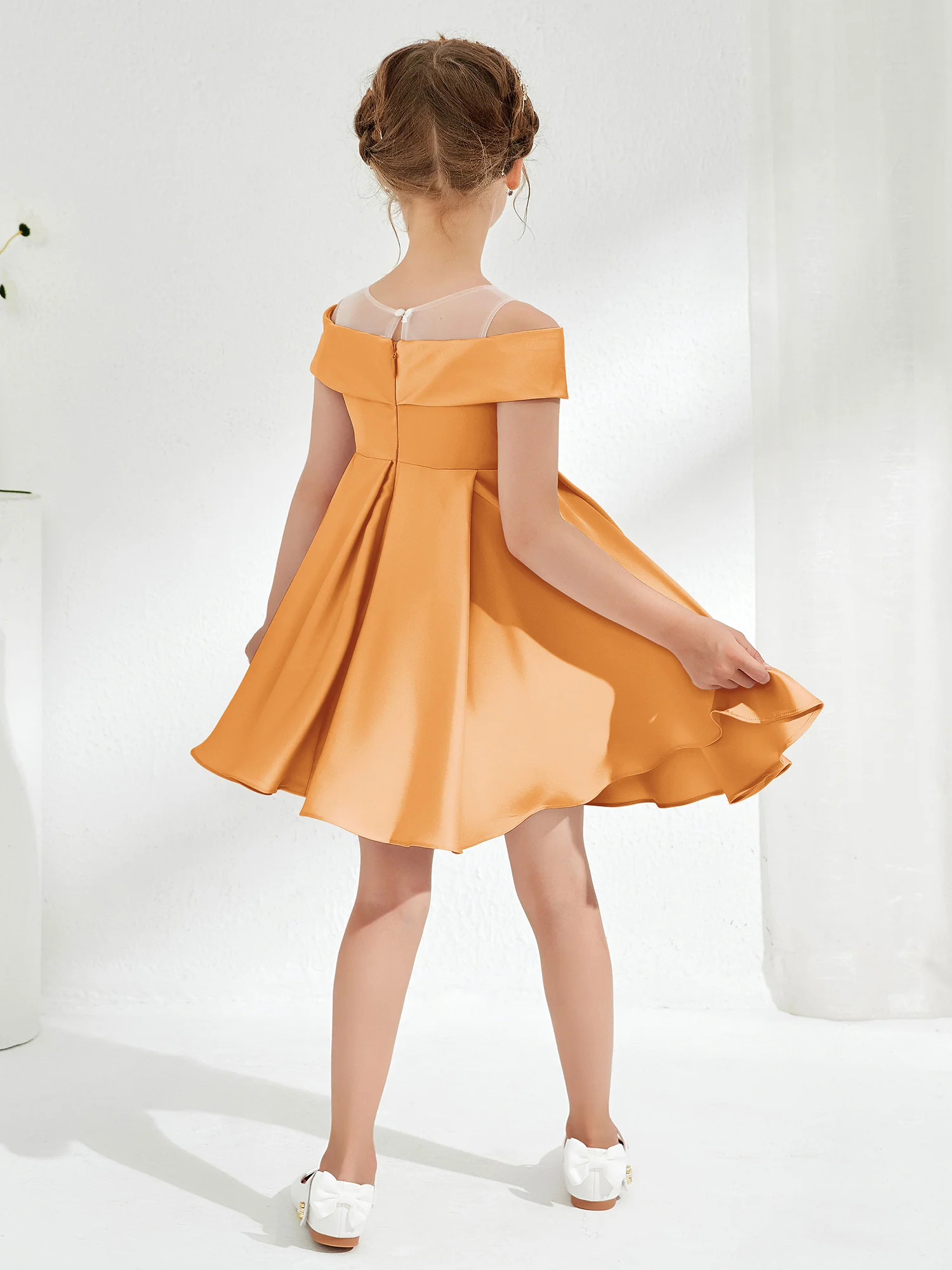 Scoop Off the Shoulder Knee-Length Girl's Dress Tangerine - Image 2
