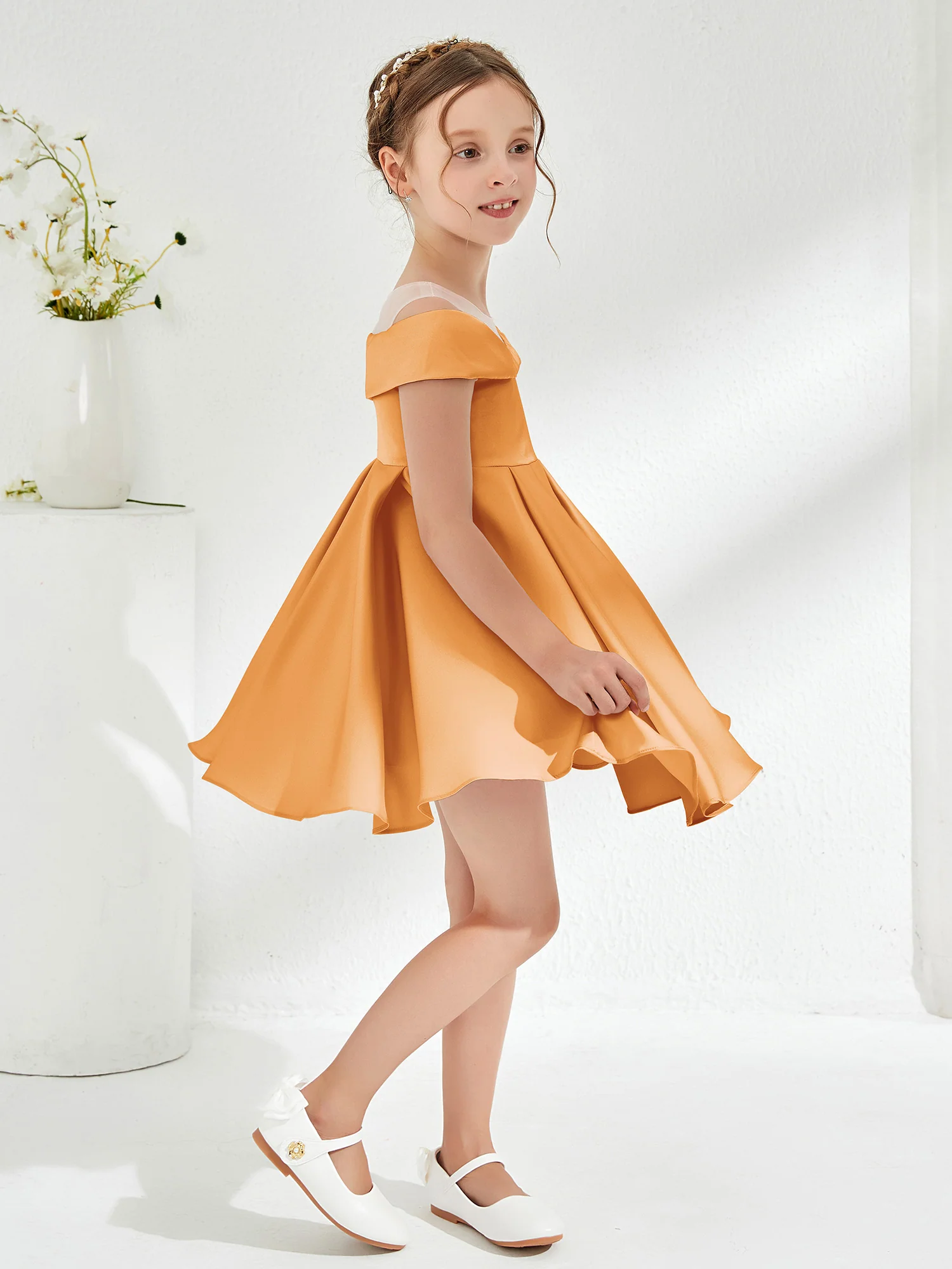 Scoop Off the Shoulder Knee-Length Girl's Dress Tangerine - Image 3