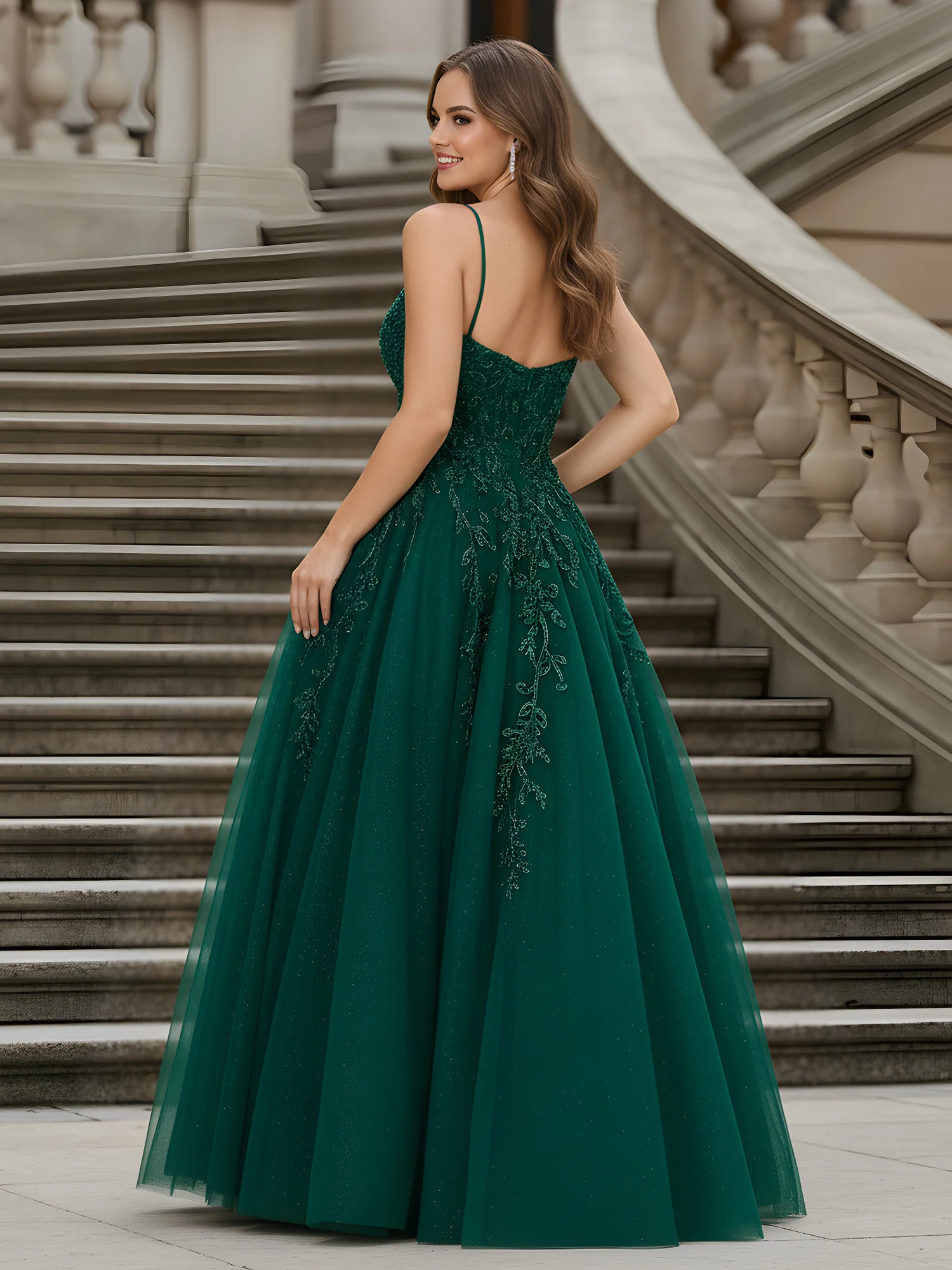 Beaded Appliqued Spaghetti Strap A-Line Dress Dark Green - Image 2