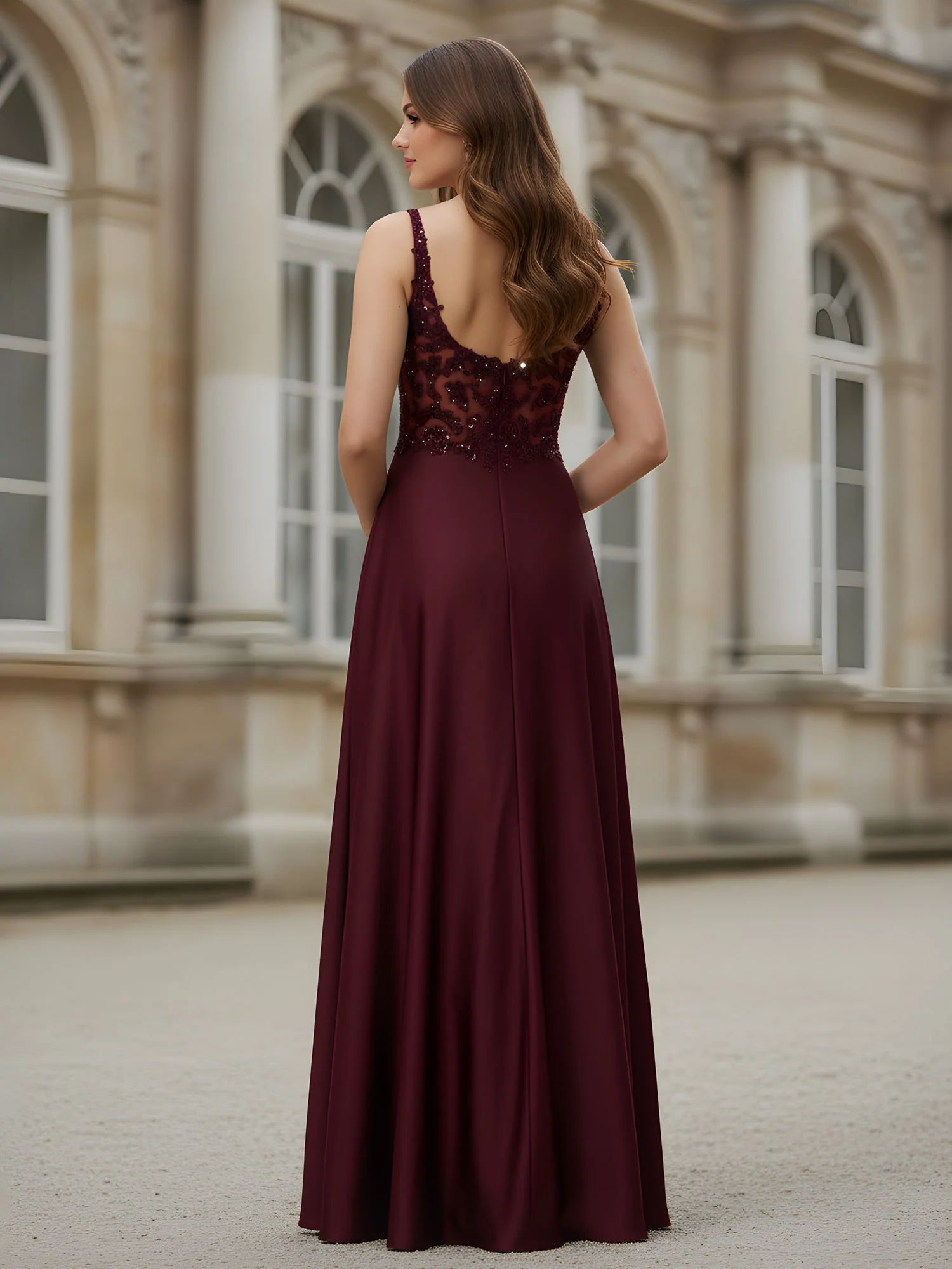 Sleeveless Lace Sequins A-Line Long Dress Dusty Rose - Image 2
