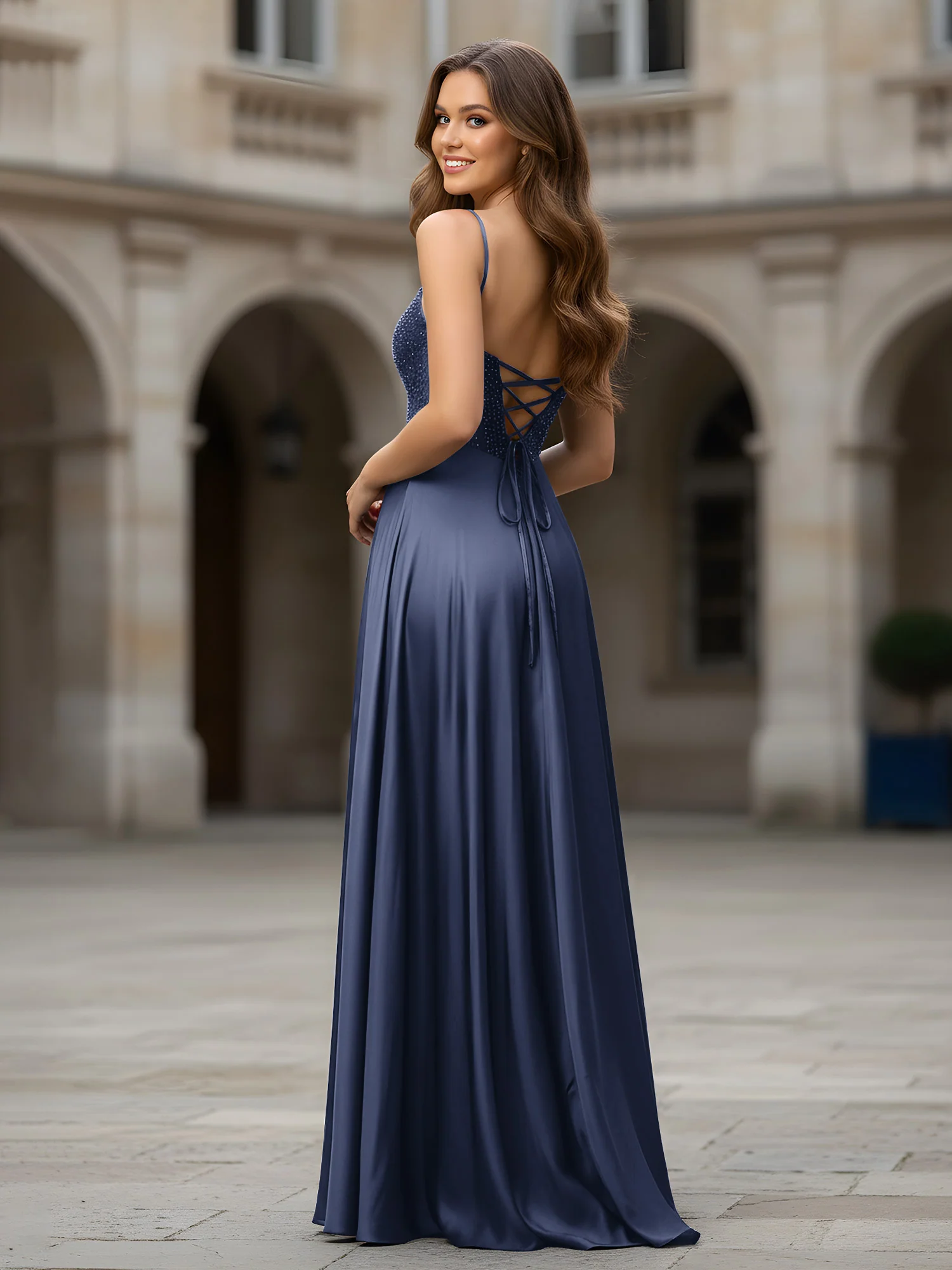 Sweetheart Beaded Bodice A-Line Long Dress Dark Navy - Image 2