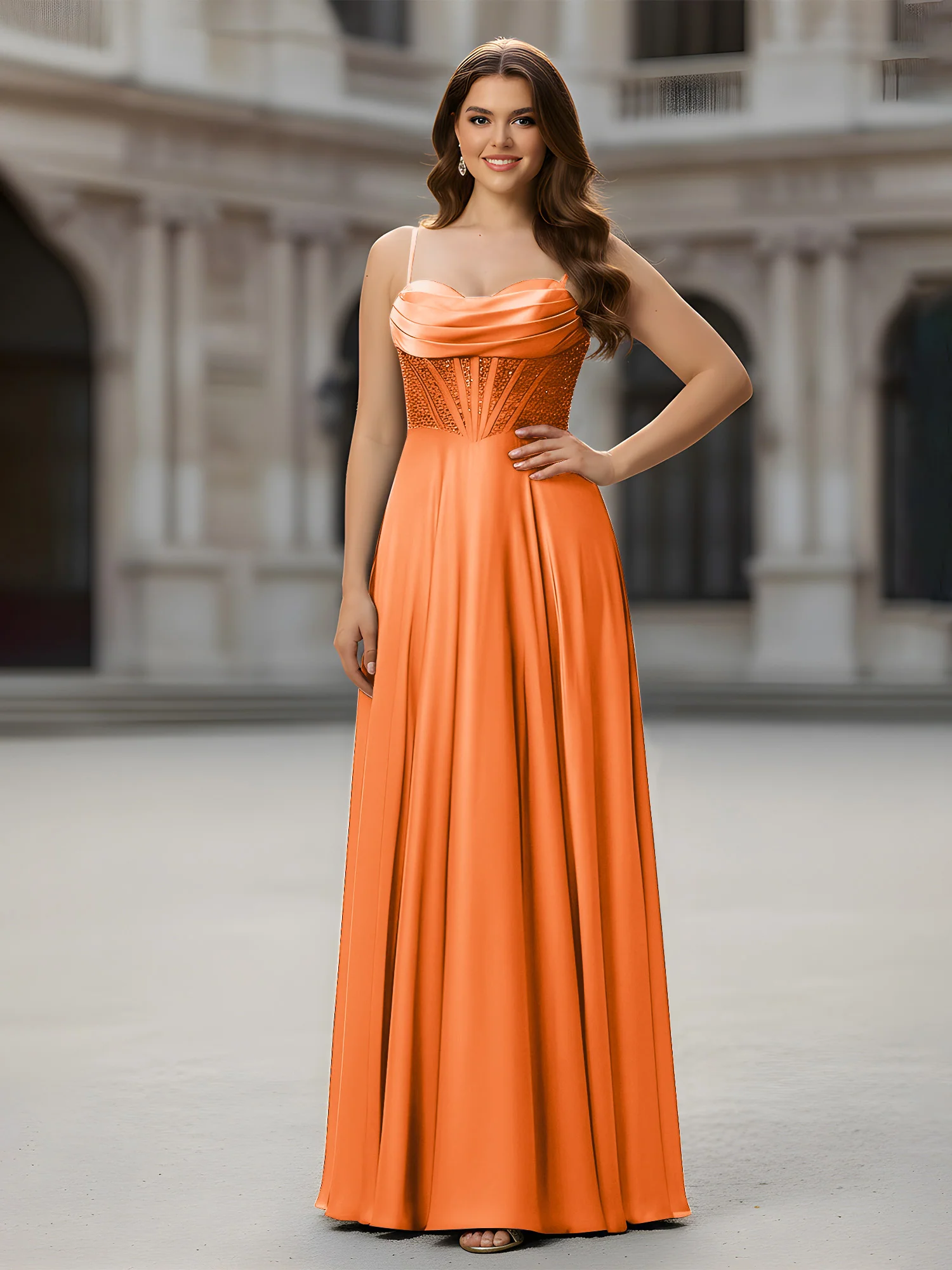 Sweetheart Beaded Bodice A-Line Long Dress Orange