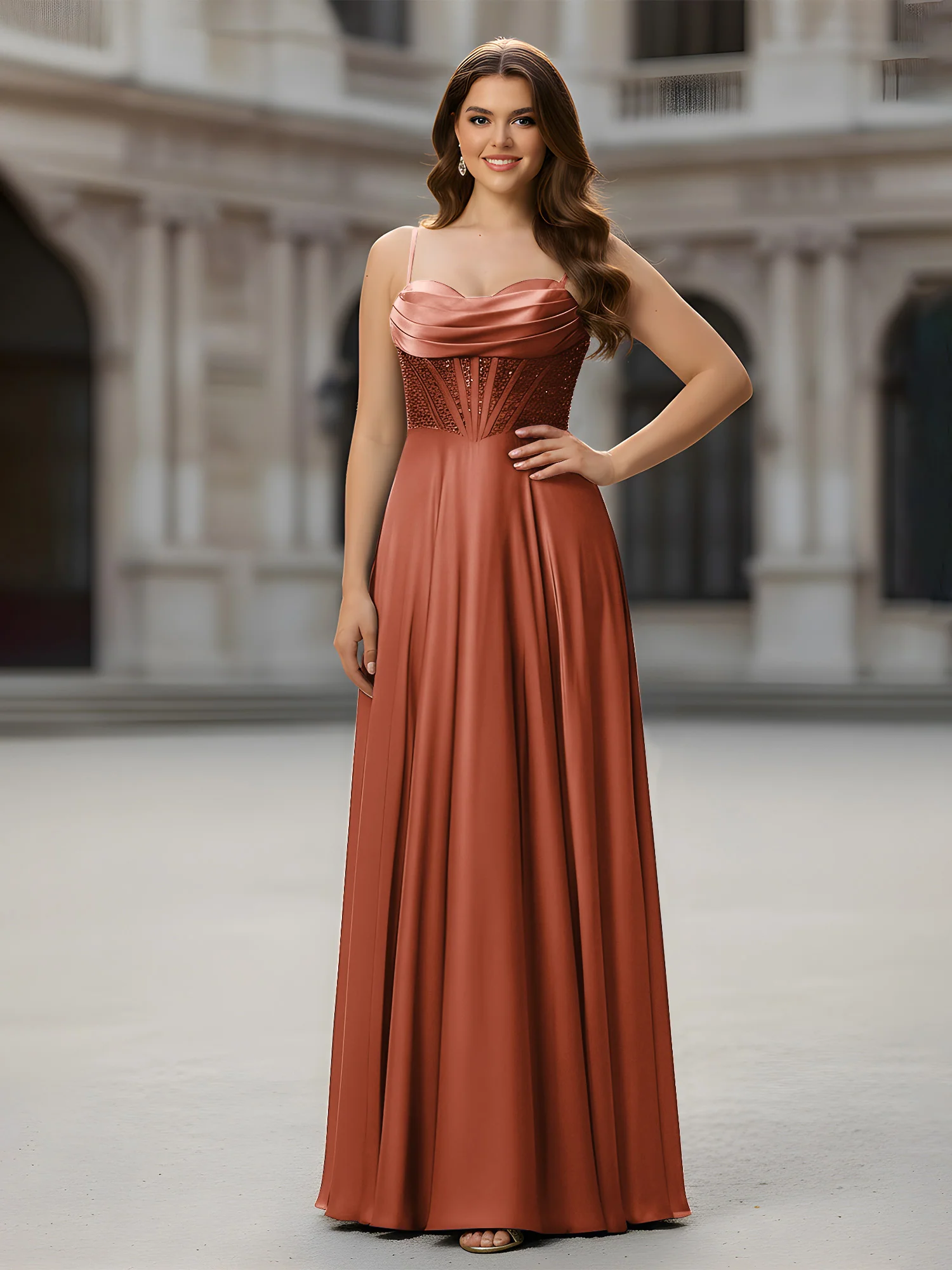 Sweetheart Beaded Bodice A-Line Long Dress Rust