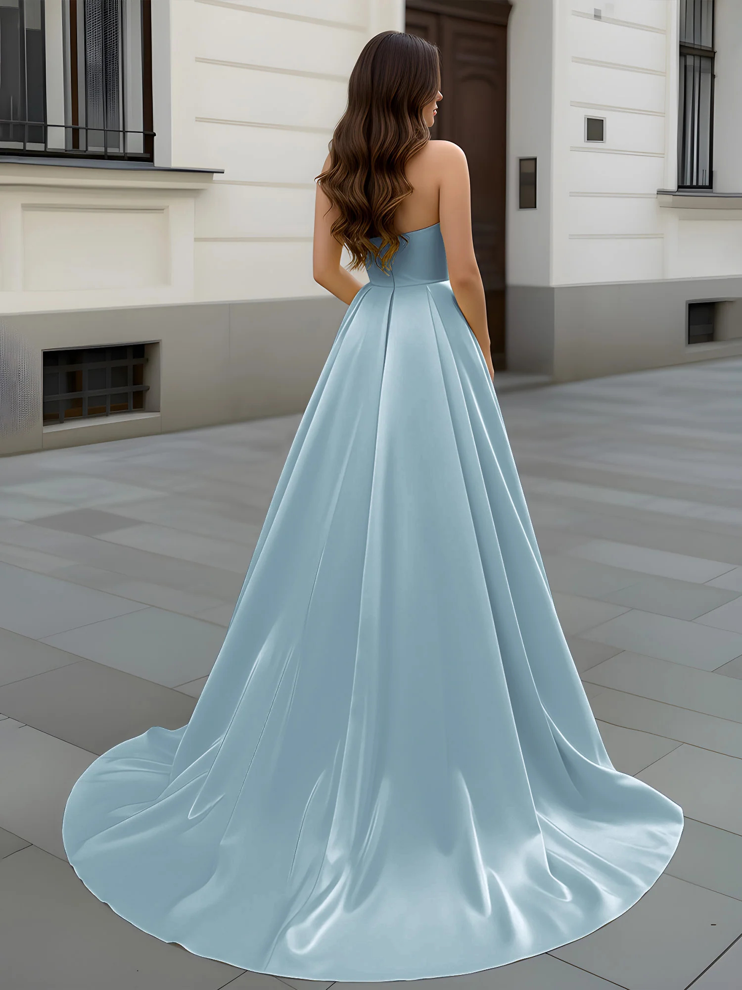 Sweetheart Neck A-Line Ruched Sweep Train Gown Dusty Blue - Image 2