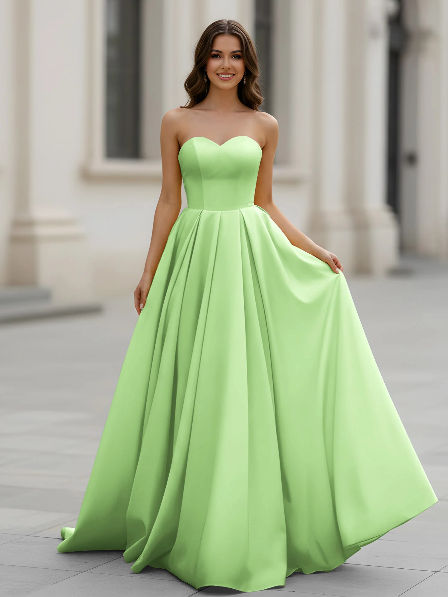 Sweetheart Neck A-Line Ruched Sweep Train Gown Sage