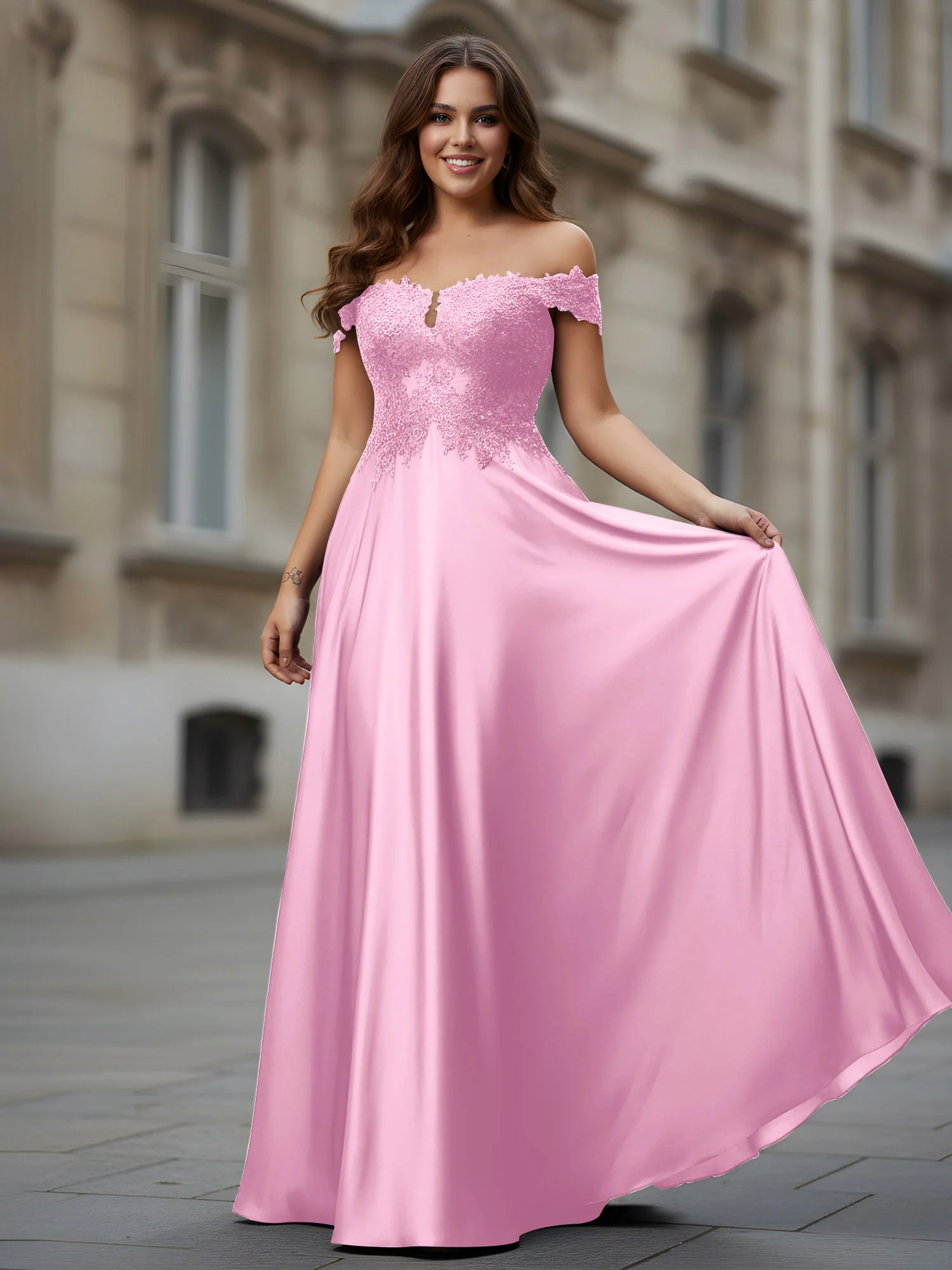 Off-the-shoulder Applique Bodice A-Line Long Dress Candy Pink