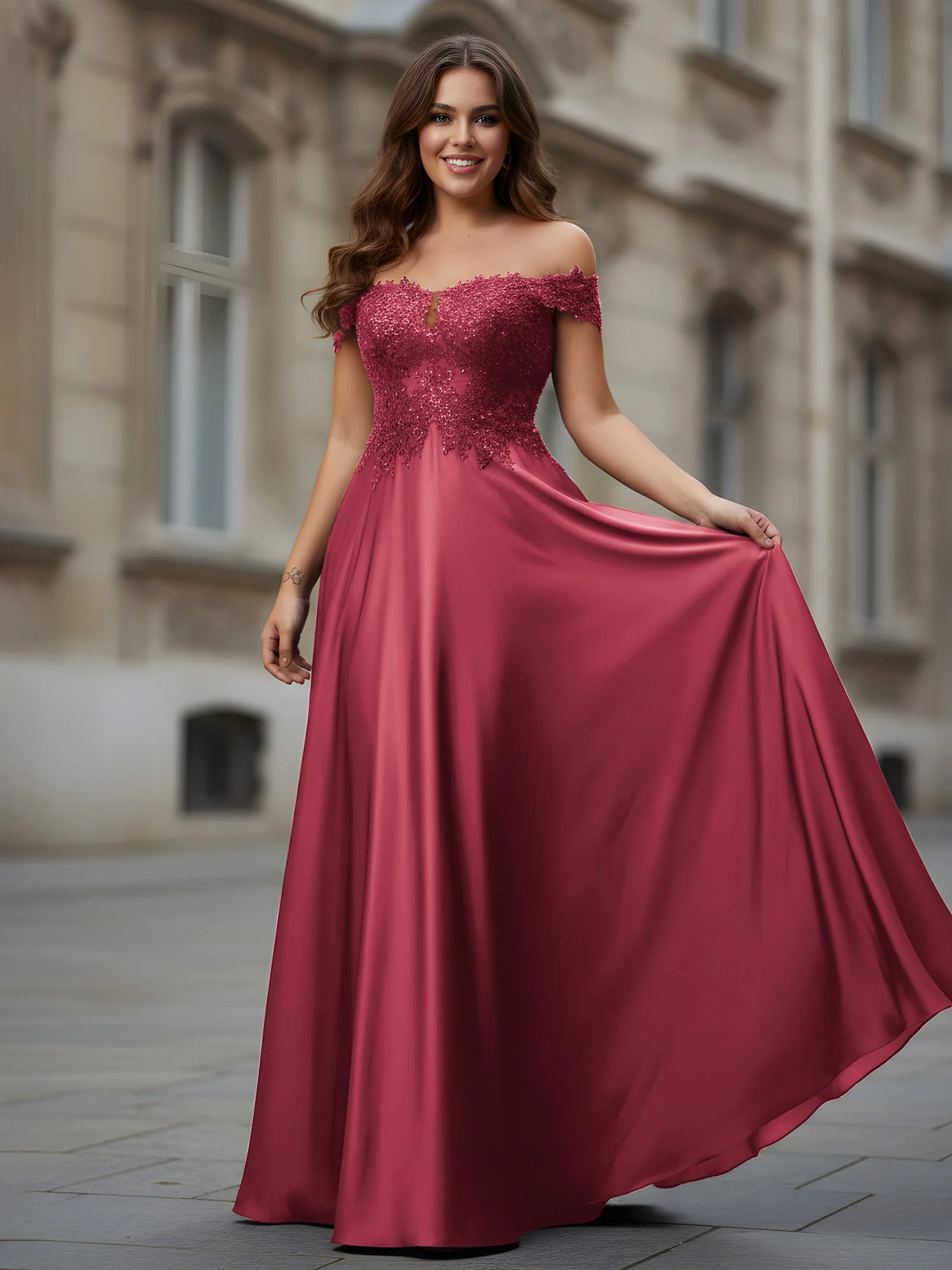 Off-the-shoulder Applique Bodice A-Line Long Dress Cinnamon Rose