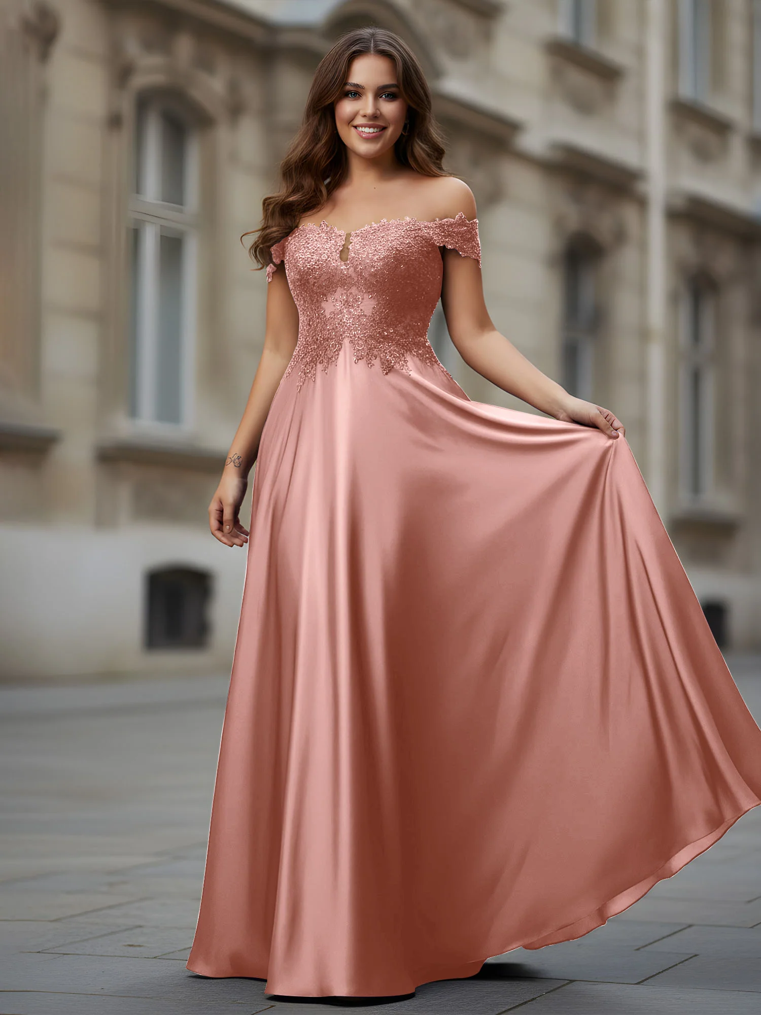Off-the-shoulder Applique Bodice A-Line Long Dress Dusty Rose