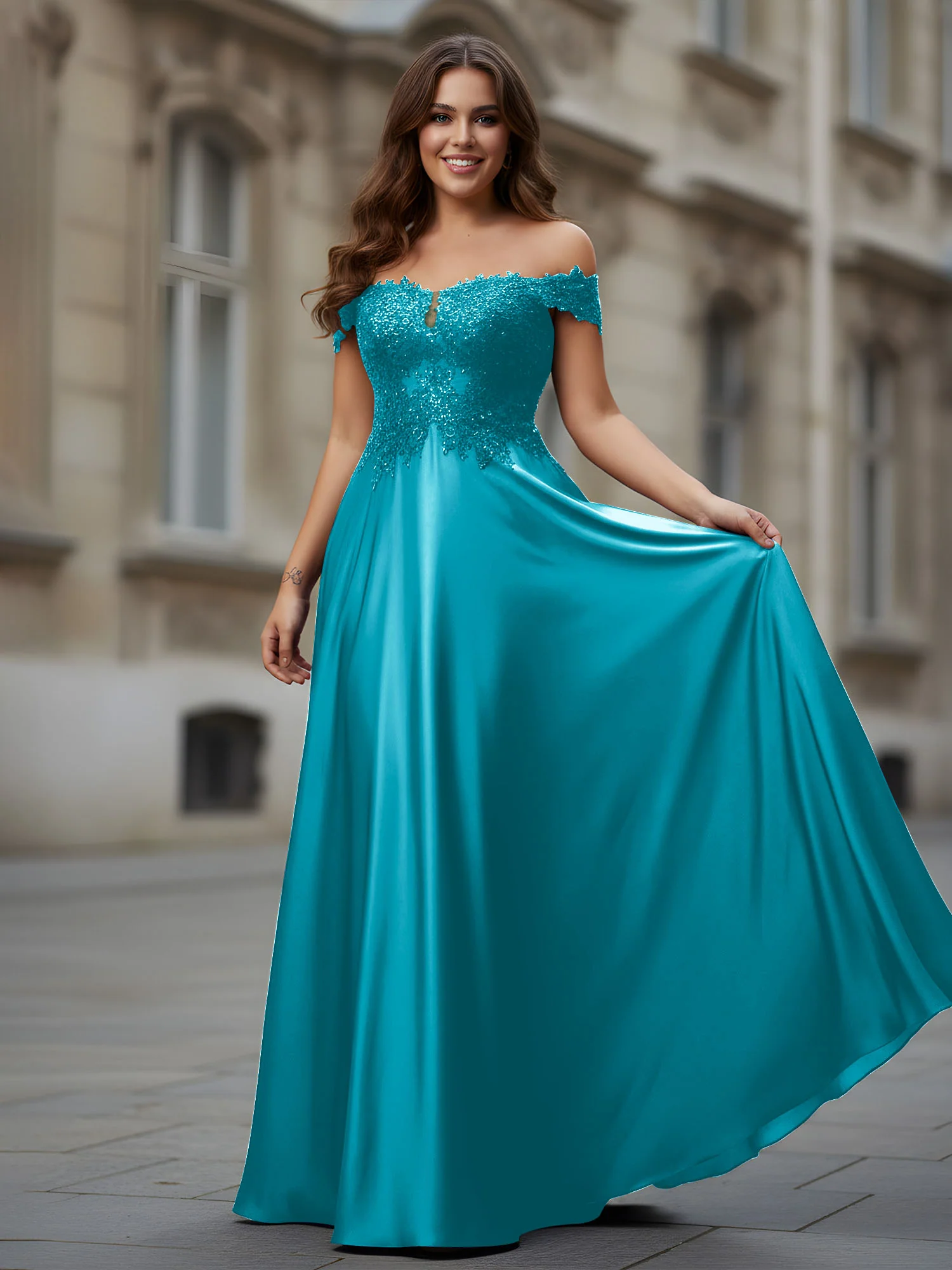 Off-the-shoulder Applique Bodice A-Line Long Dress Jade