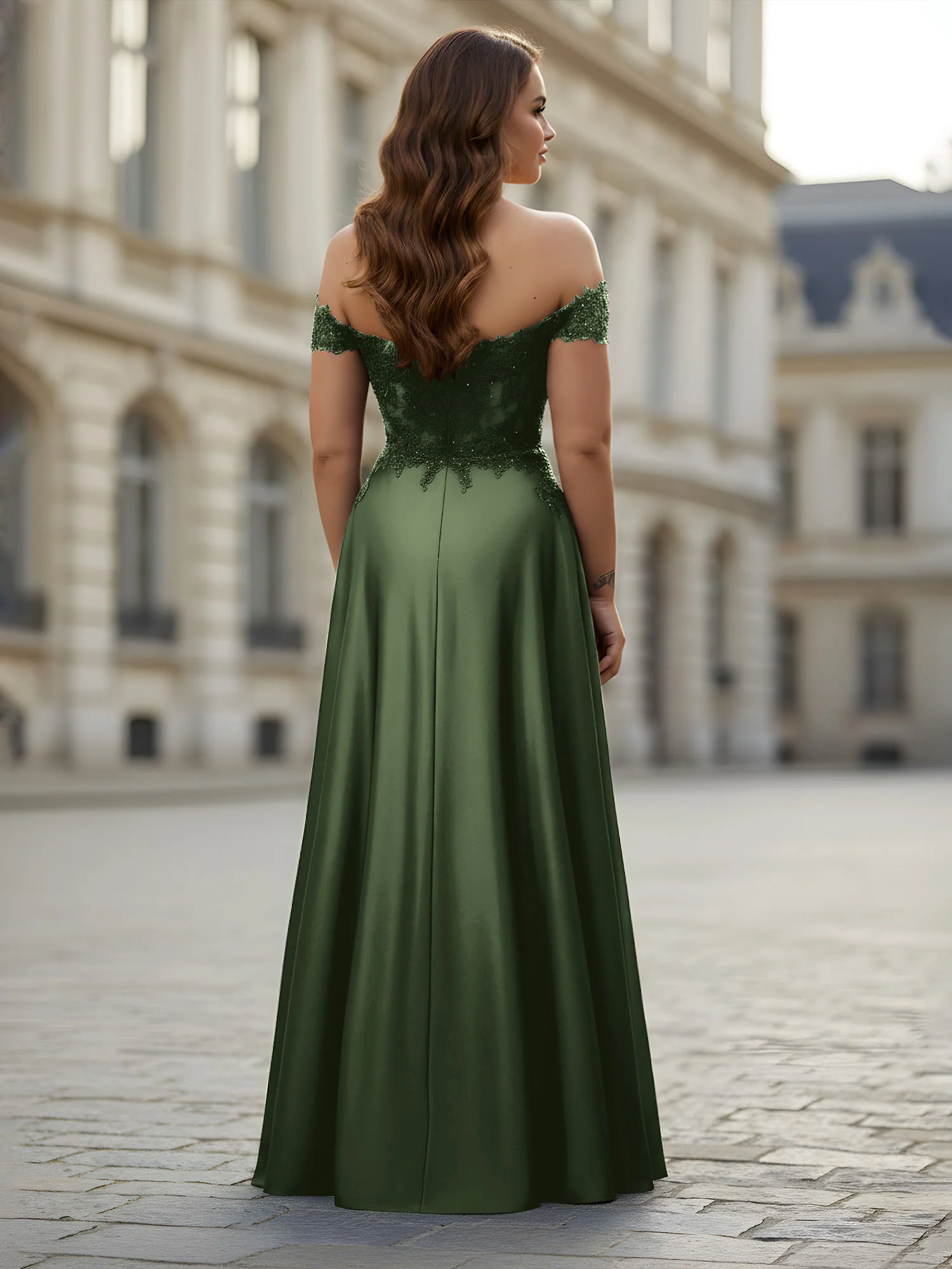 Off-the-shoulder Applique Bodice A-Line Long Dress Olive Green - Image 2